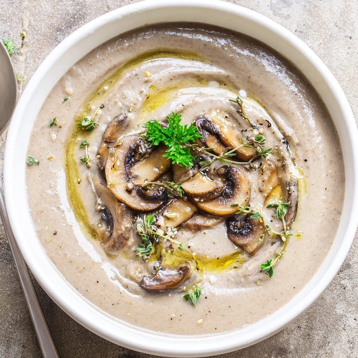 Steaming Creamy Mushroom Soup with Thyme in a white ceramic bowl, finished with fresh thyme sprigs.