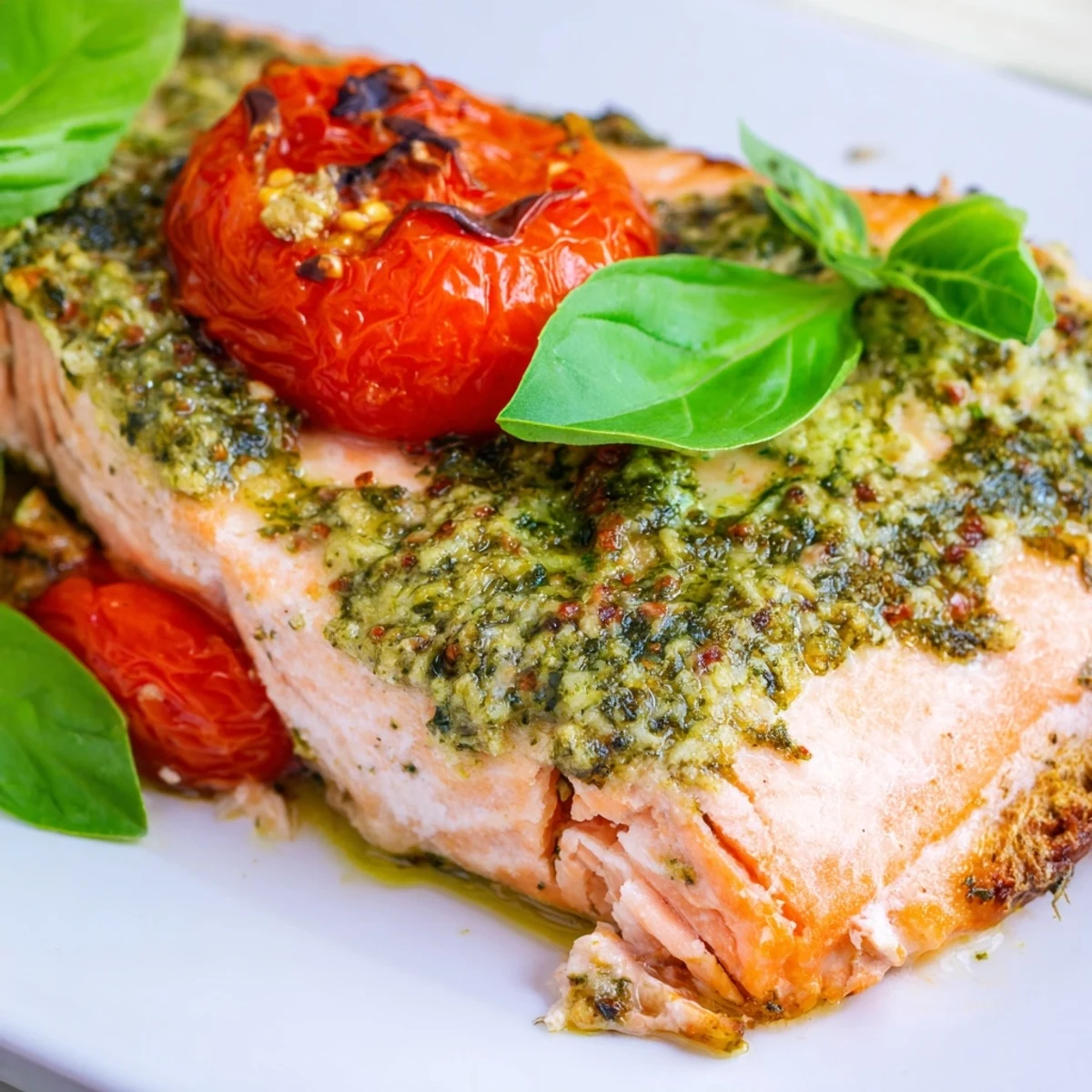 Golden-brown baked salmon fillets topped with bright green pesto and roasted cherry tomatoes on a baking tray.