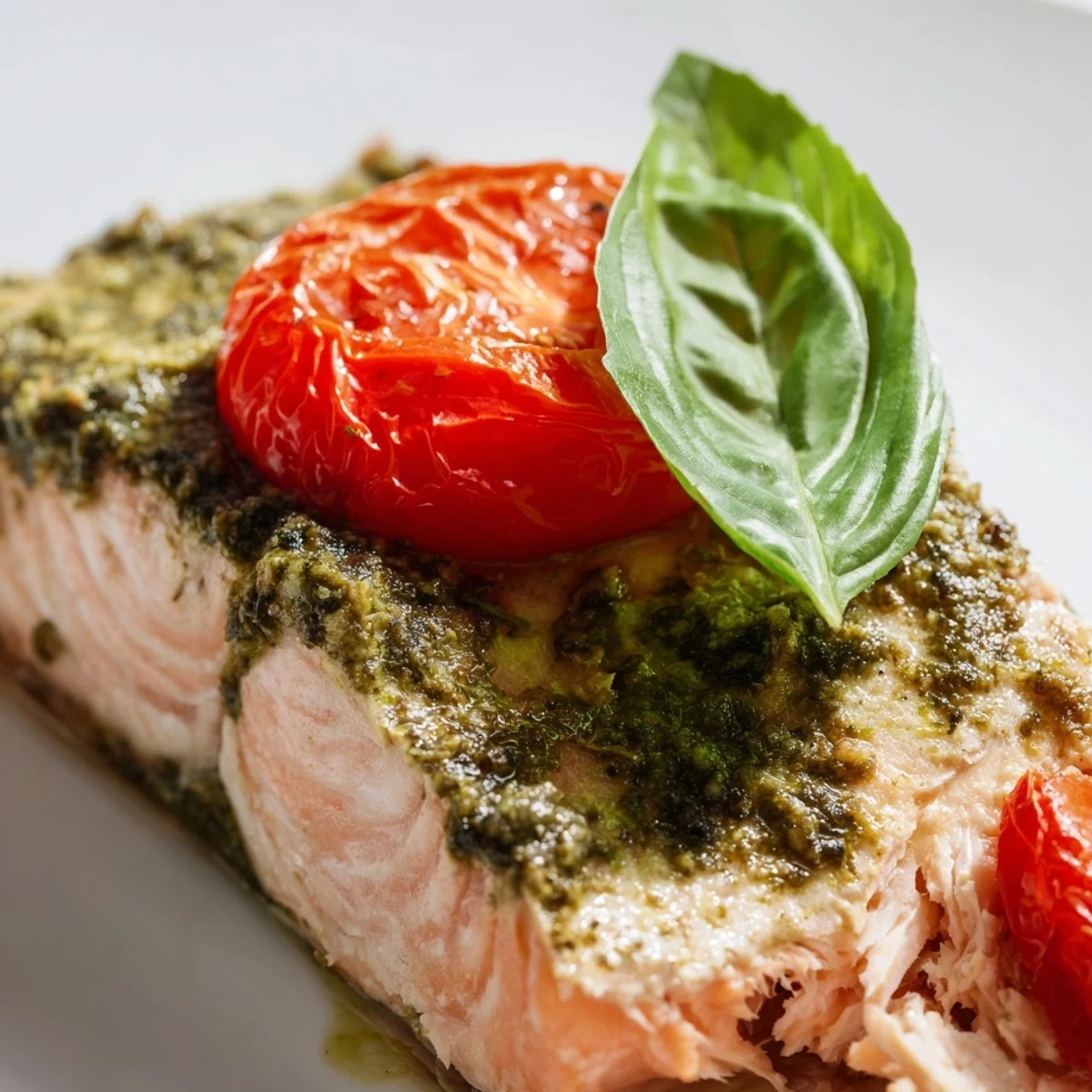 Freshly baked salmon with pesto and blistered cherry tomatoes served with lemon wedges and basil garnish.