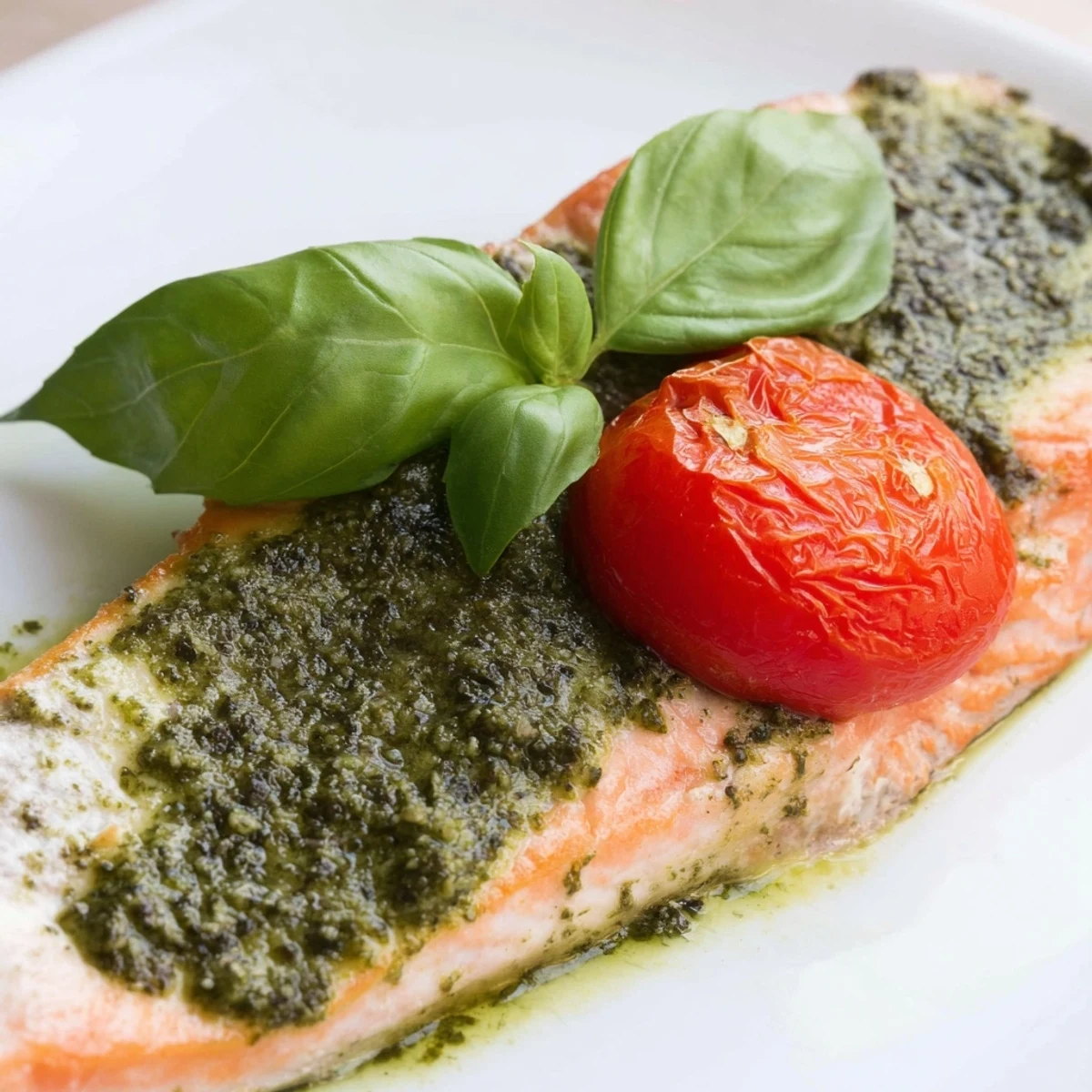 Oven-baked salmon with pesto and cherry tomatoes alongside roasted onions, ready to serve with a crisp green salad.