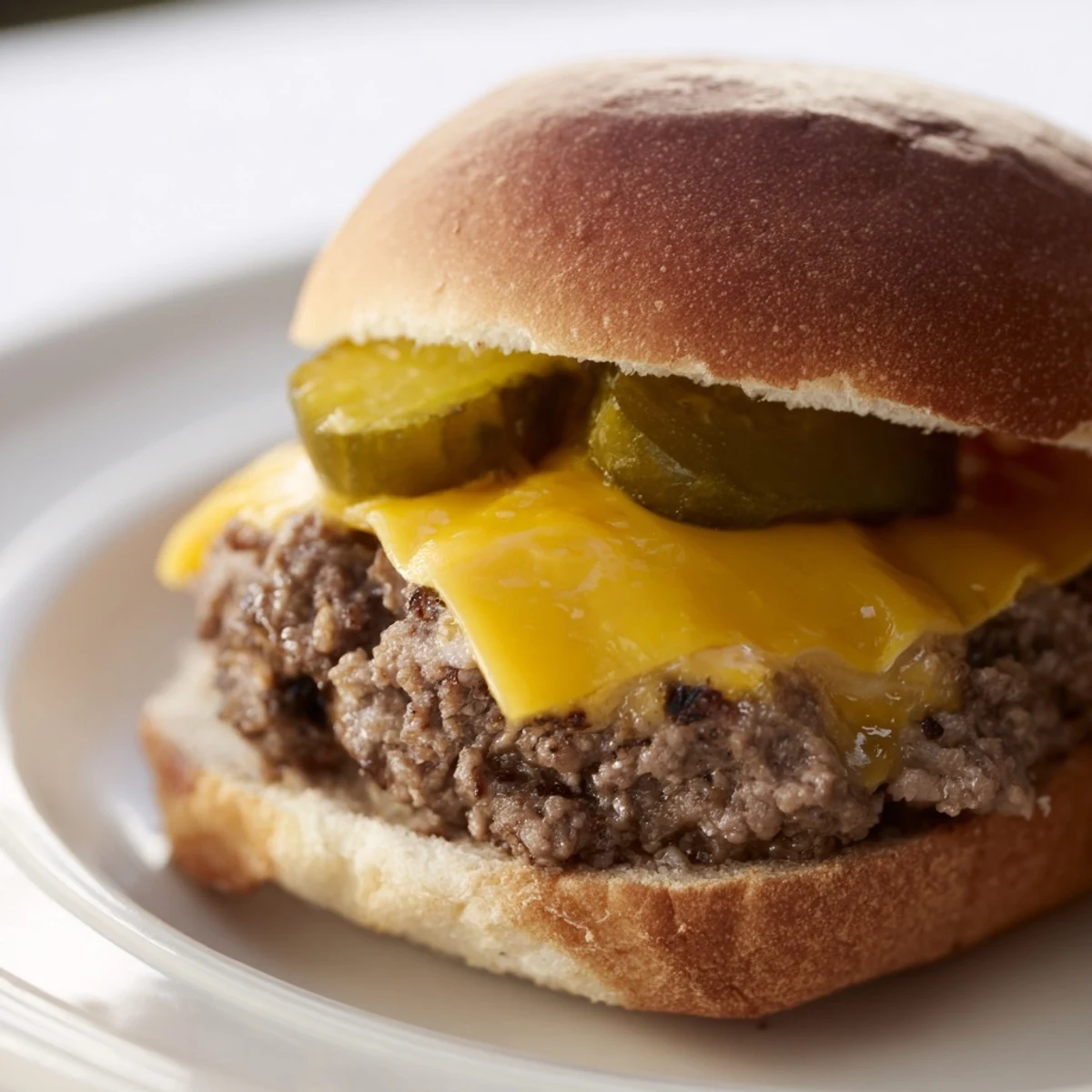 Close-up of Beef Sliders with Cheese and Pickles featuring juicy patties, gooey cheese, and colorful toppings for a game day spread.