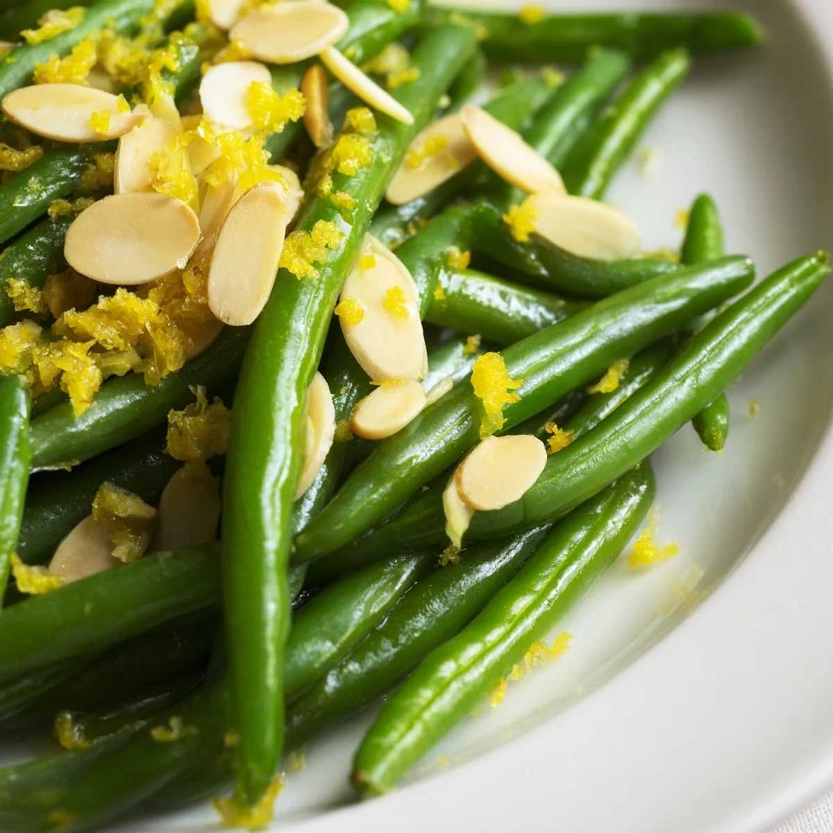 Garlicky Lemon Green Beans with Almonds brighten a white plate with crisp-tender beans and golden toasted nuts. 