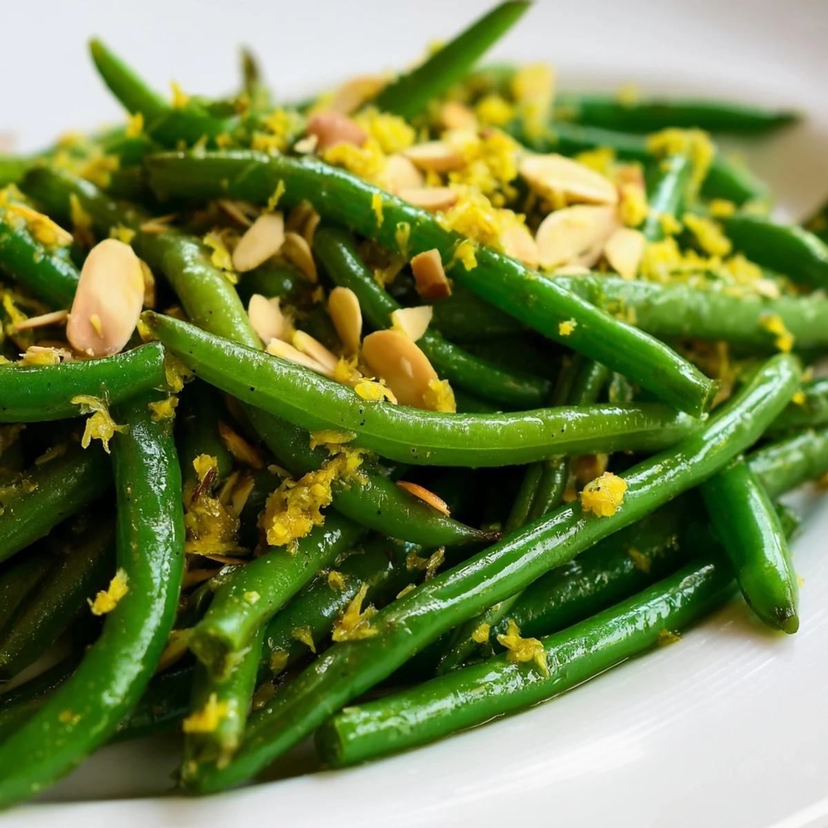 Sautéed Lemon Garlic Green Beans with Almonds tossed in olive oil and lemon juice, finished with crunchy almonds.