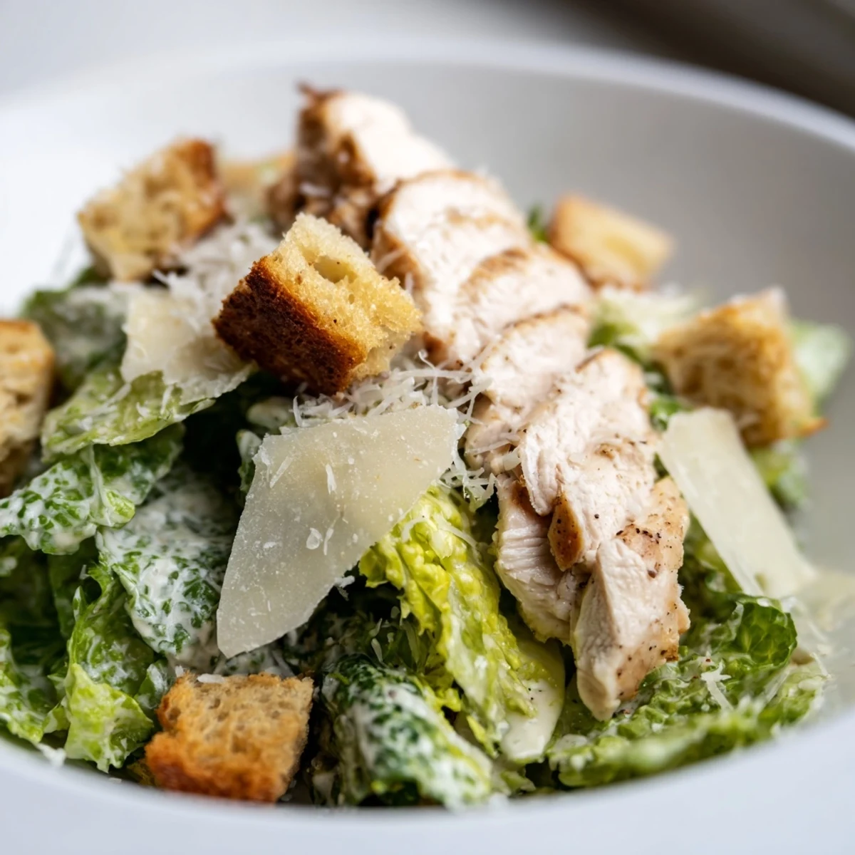 Golden grilled chicken slices and crunchy homemade croutons top a bowl of crisp romaine lettuce tossed in creamy Caesar dressing.