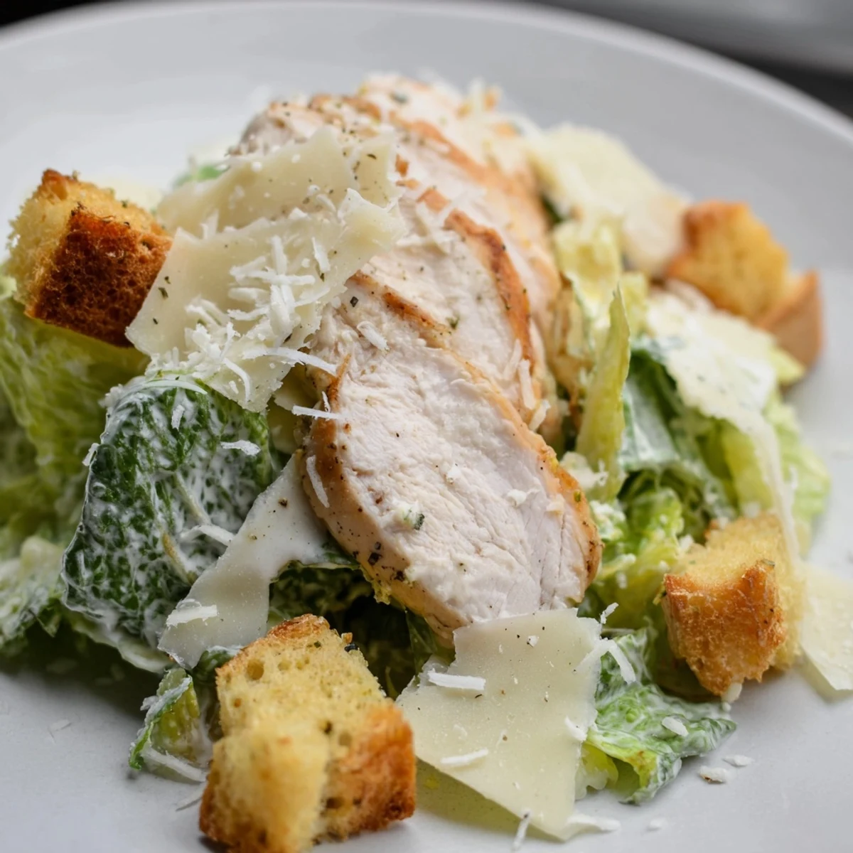 A hearty plate of Chicken Caesar Salad with homemade croutons features juicy grilled chicken, crisp romaine, and creamy dressing.