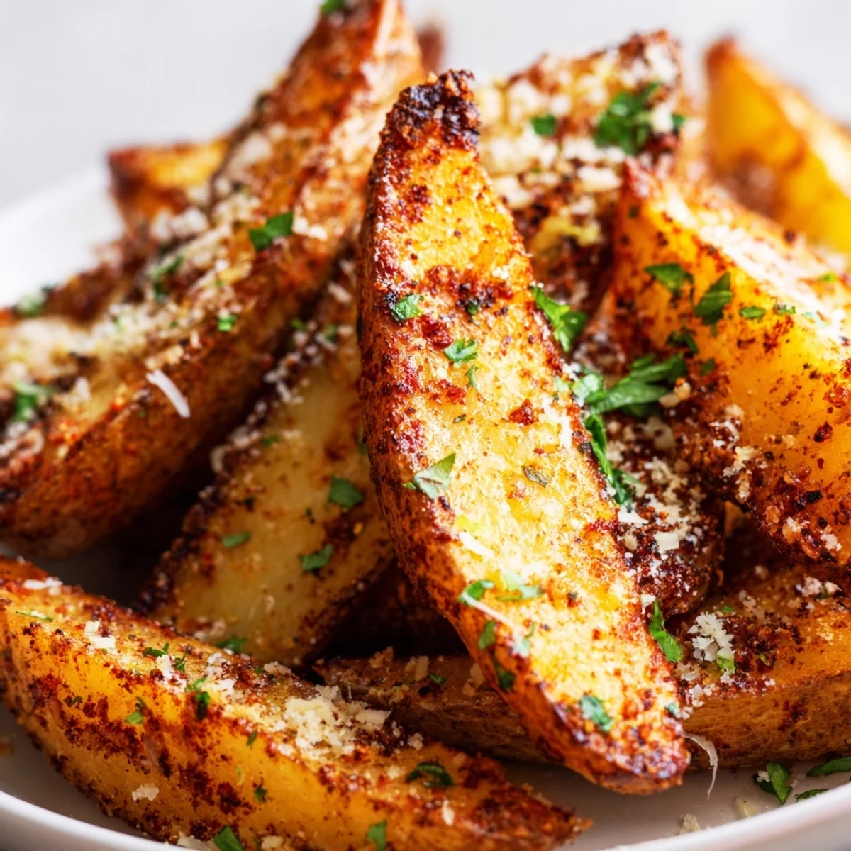 A close-up of Crispy Oven Baked Potato Wedges with golden edges and fluffy centers, garnished with fresh parsley and grated Parmesan.