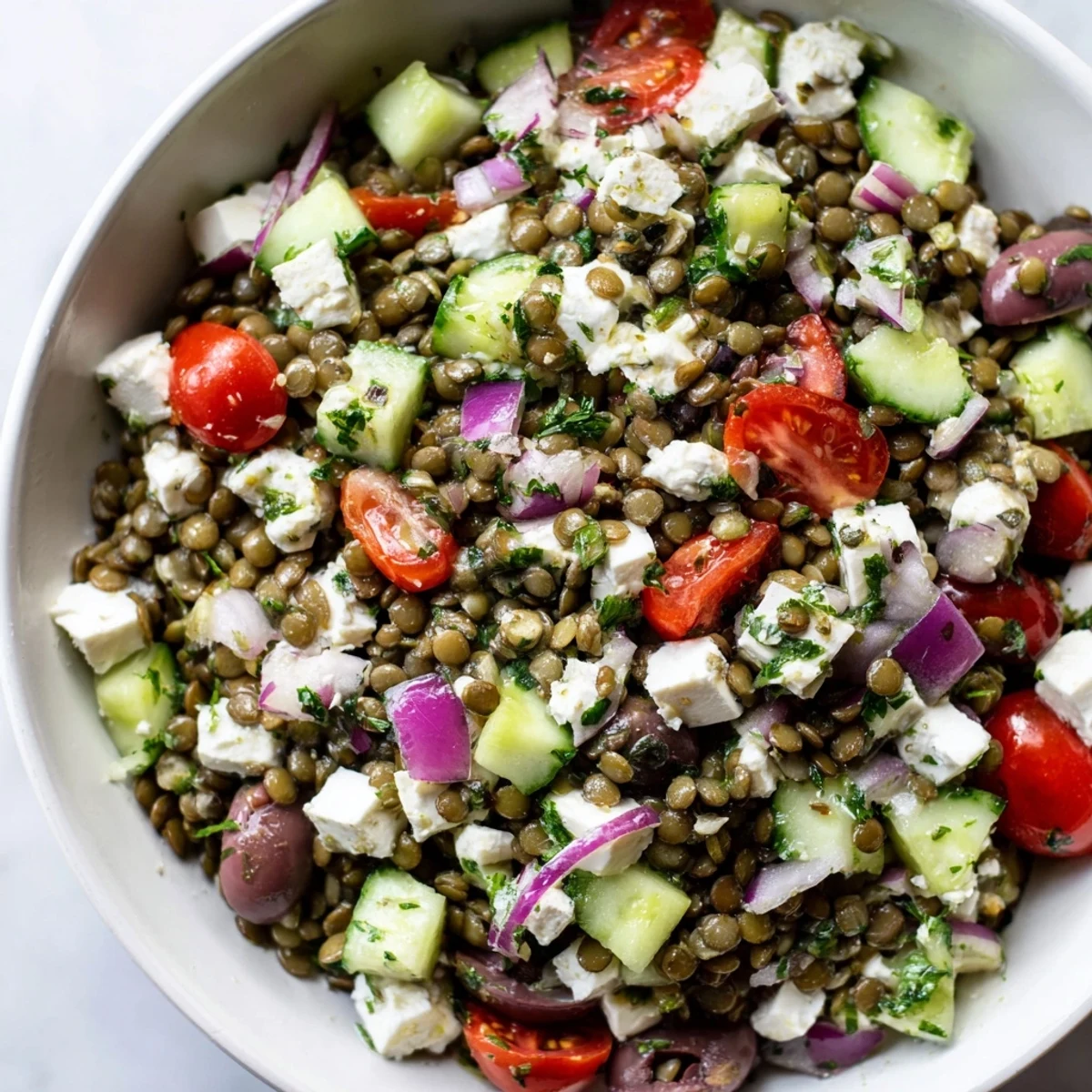 Tossed Mediterranean Lentil Salad featuring crumbled feta and a zesty lemon-oregano vinaigrette for a flavorful side.