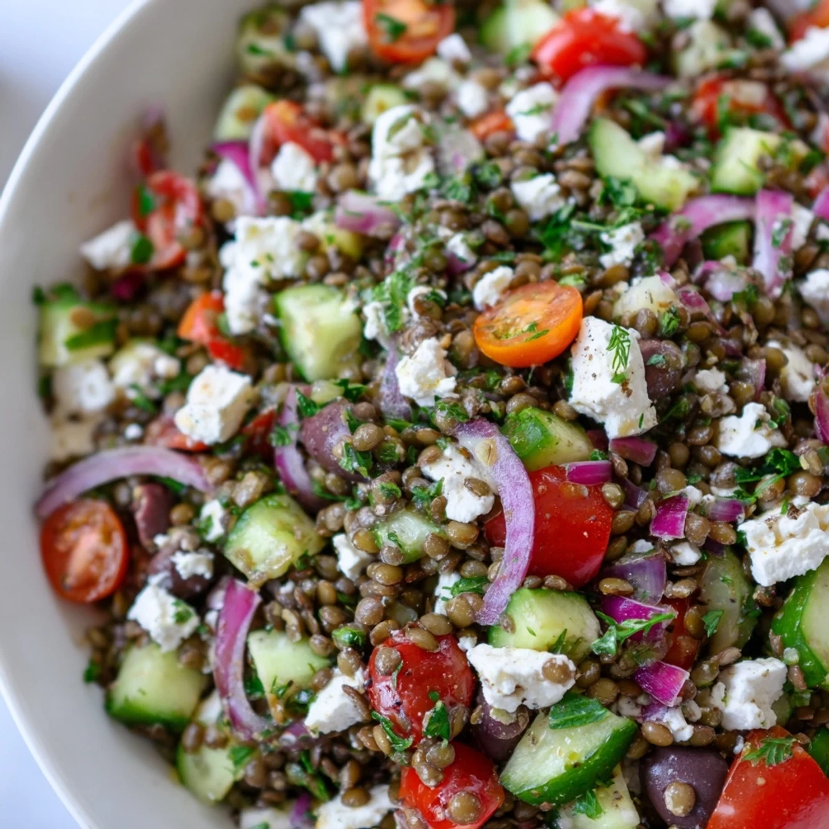 Bright, fresh Mediterranean Lentil Salad with feta, cherry tomatoes, cucumber, and olives served in a white bowl.