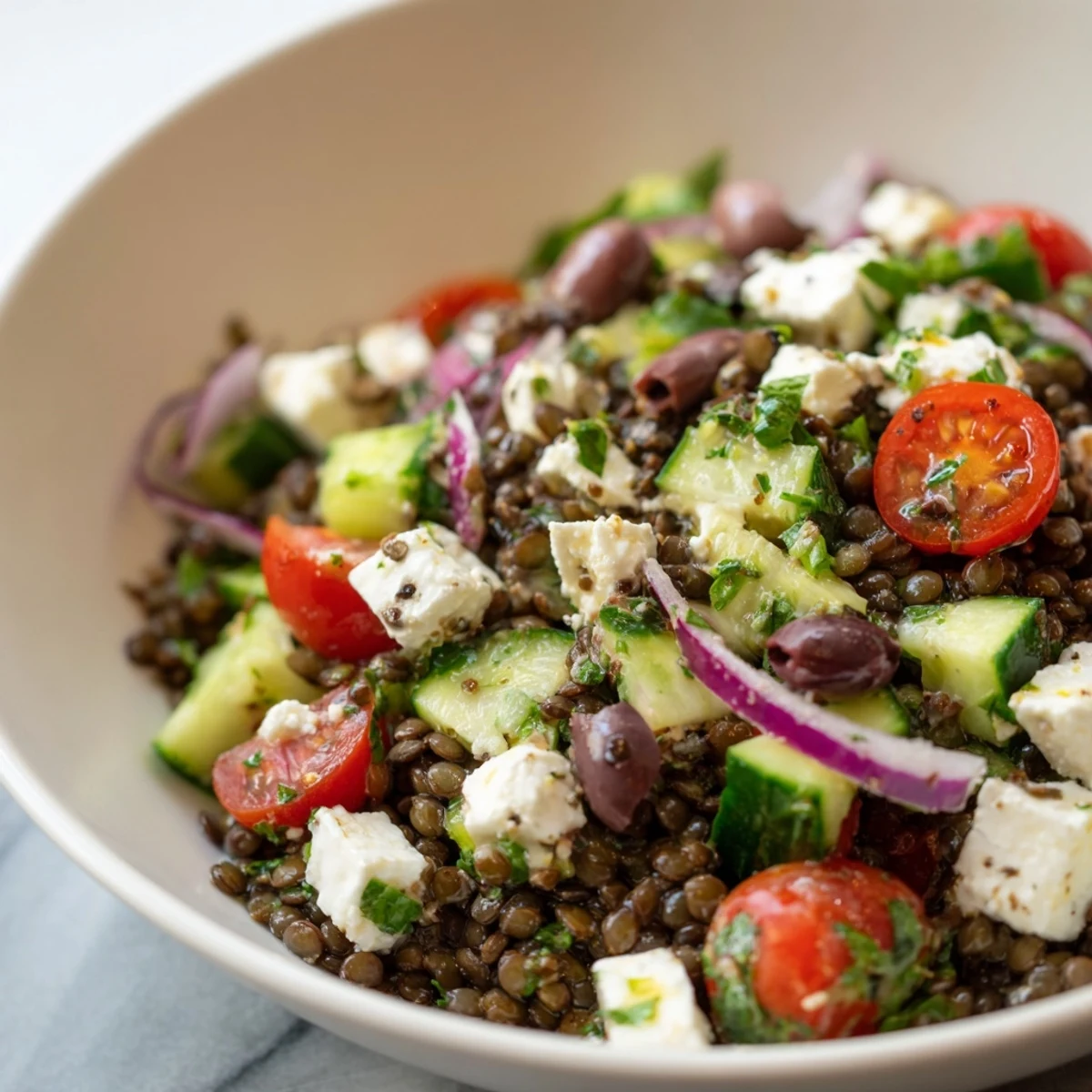 Close-up Mediterranean Lentil Salad with feta and fresh herbs, perfect for healthy vegetarian meal prep lunches.