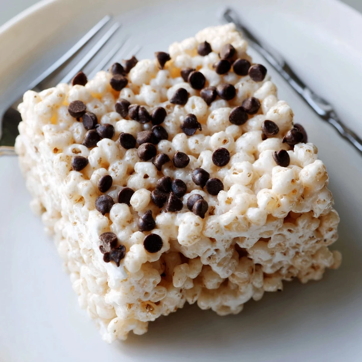 Freshly pressed Crispy Treat Bars with golden marshmallows and chocolate chips sit on parchment in a 9x13 pan, ready to slice.