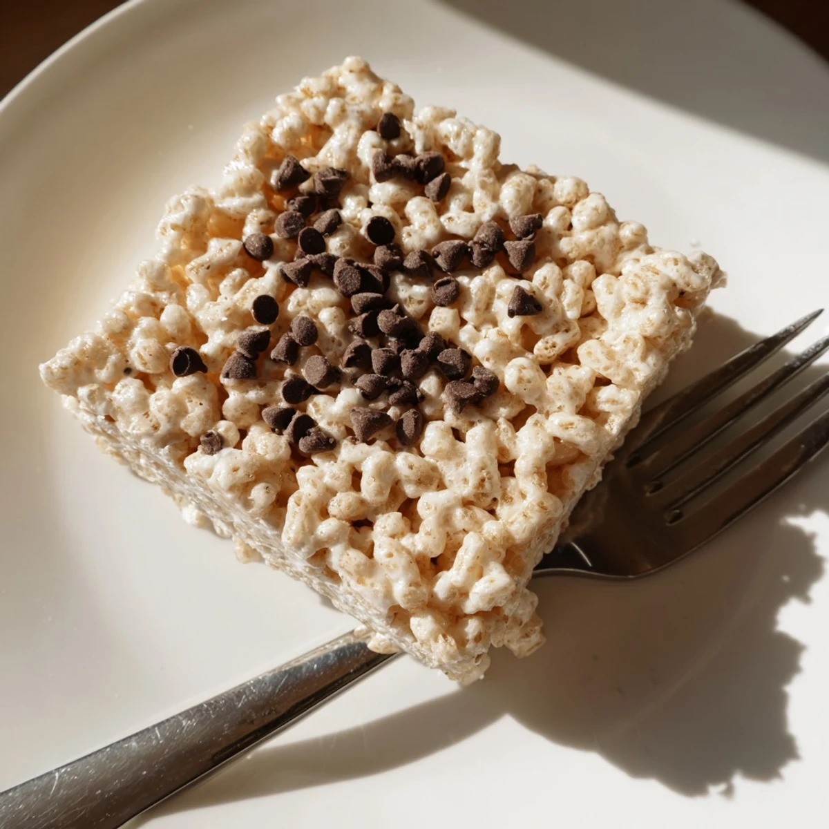 Newly cut squares of Crispy Treat Bars stacked on a white plate, perfect party snack with melted chocolate chips on top.