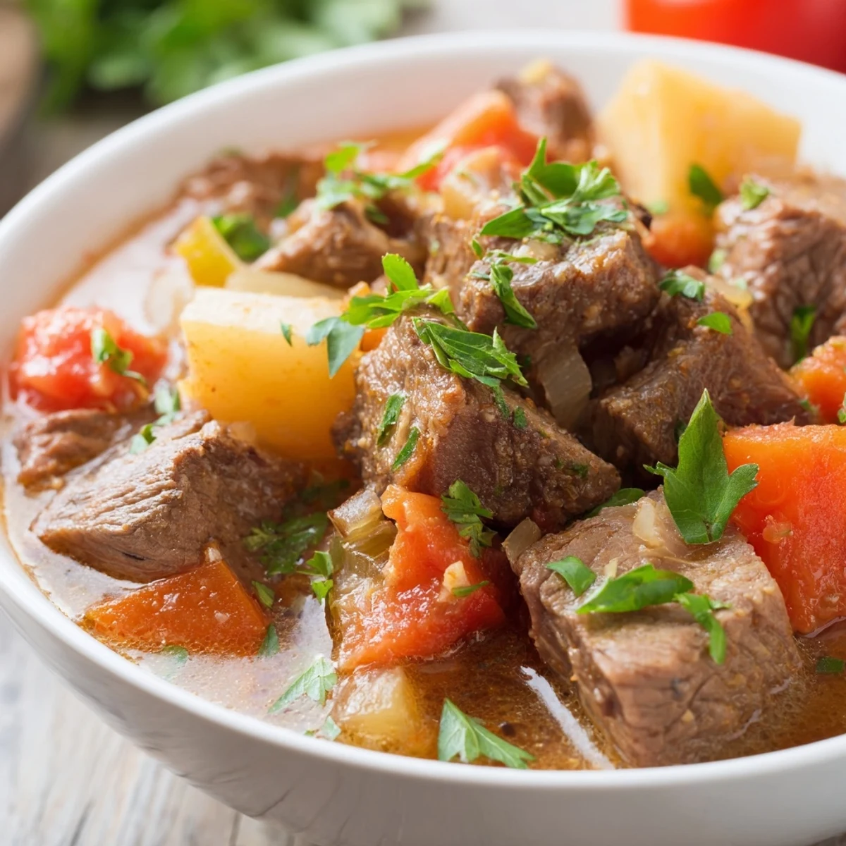 A wholesome Slow Cooker Meal Pot features slow-cooked beef, chunky vegetables, and a thick tomato-based gravy, ready to serve.