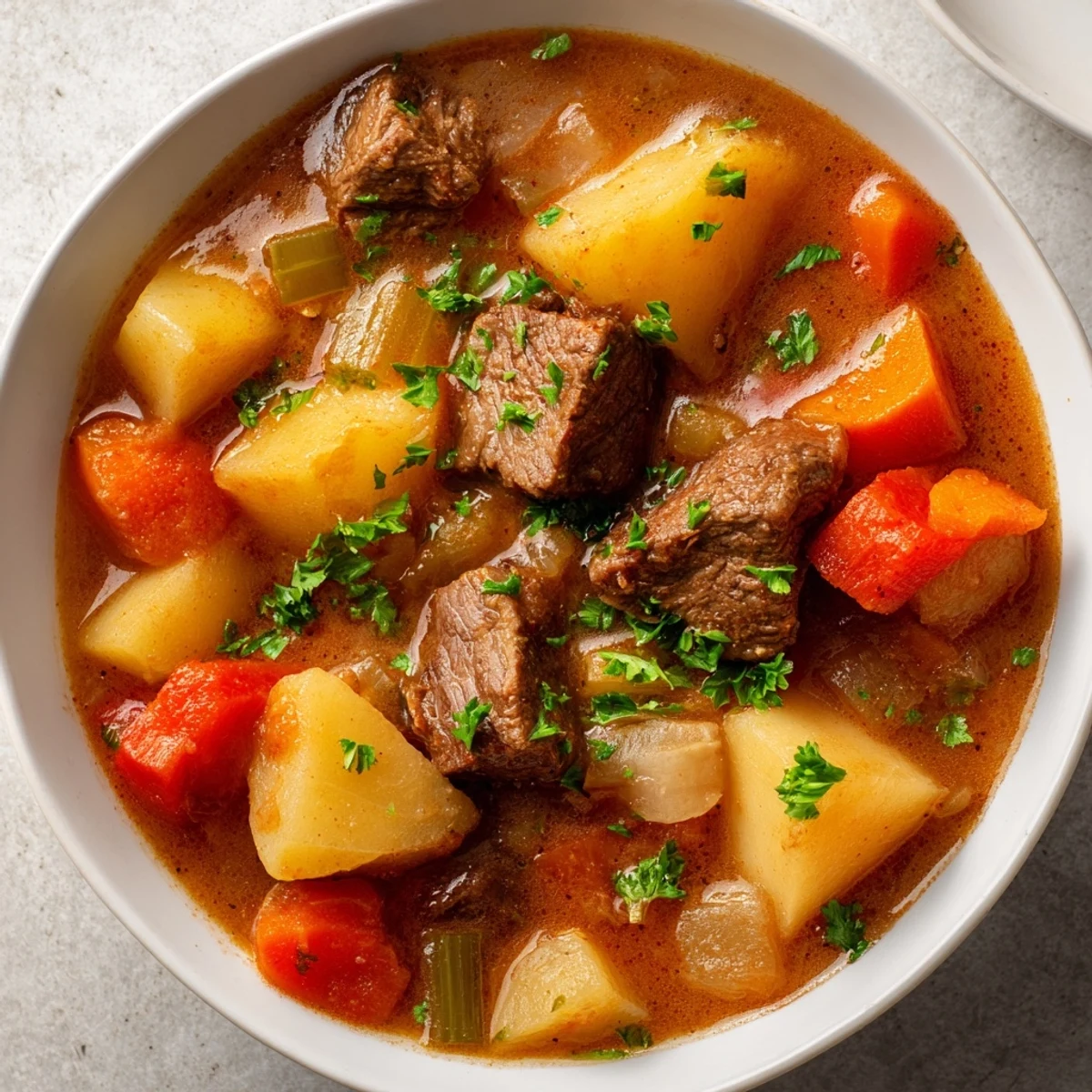 Hearty Slow Cooker Meal Pot served in a rustic bowl, garnished with fresh parsley alongside crusty bread for dipping.