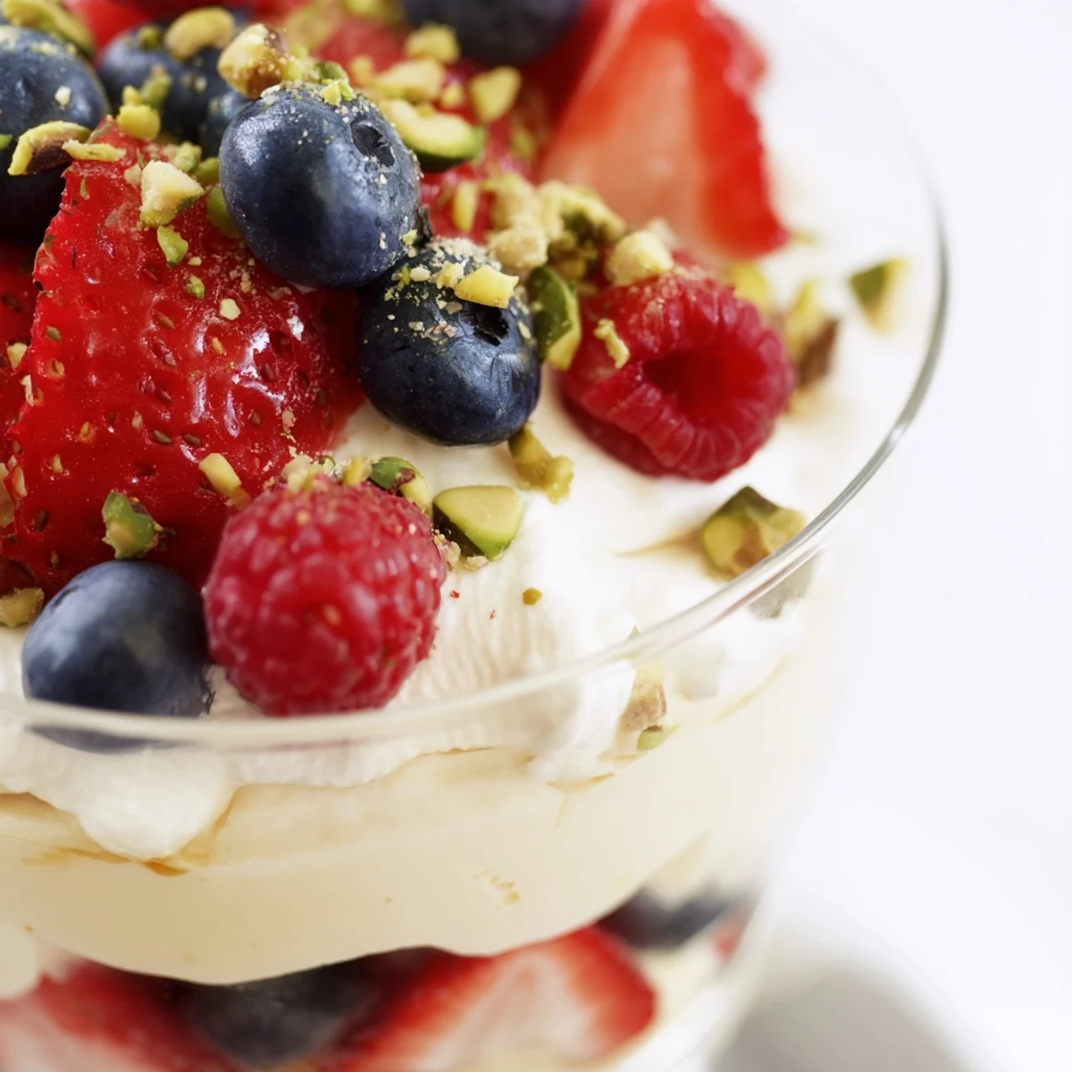 A glass of Creamy Treat Dessert topped with mixed berries and chopped pistachios, ready to enjoy.