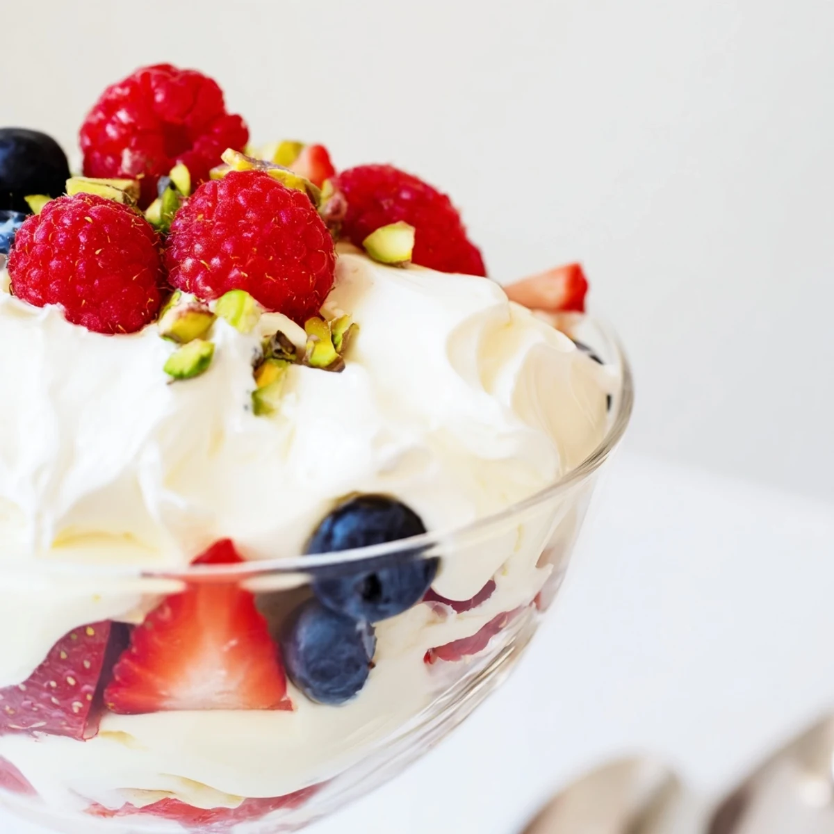 Delicious Creamy Treat Dessert with creamy vanilla custard and whipped cream layers, garnished with fresh strawberries and blueberries.