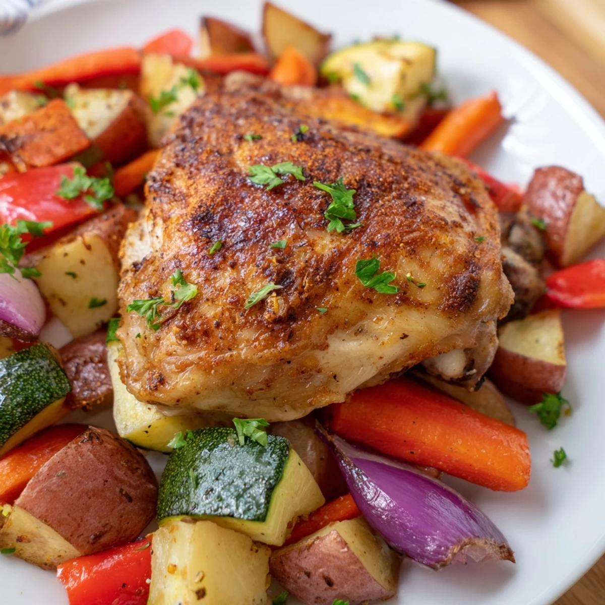 Golden roasted chicken thighs with crispy skin rest alongside caramelized red potatoes, carrots, and bell peppers on a sheet pan.