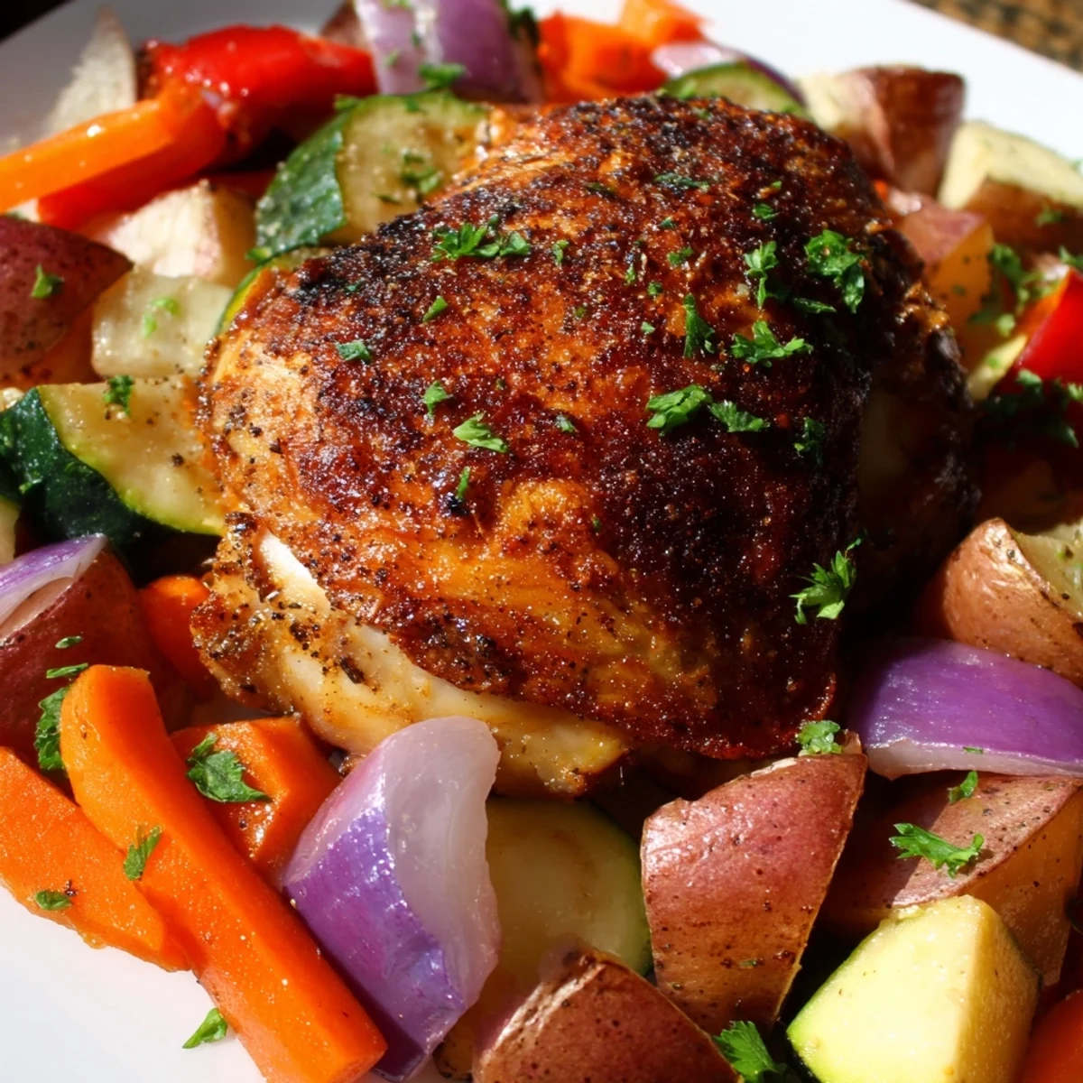 Family-style Roasted Meal Pan meal presents herb-seasoned chicken and colorful vegetables on a baking sheet, perfect for easy weeknight dinners.