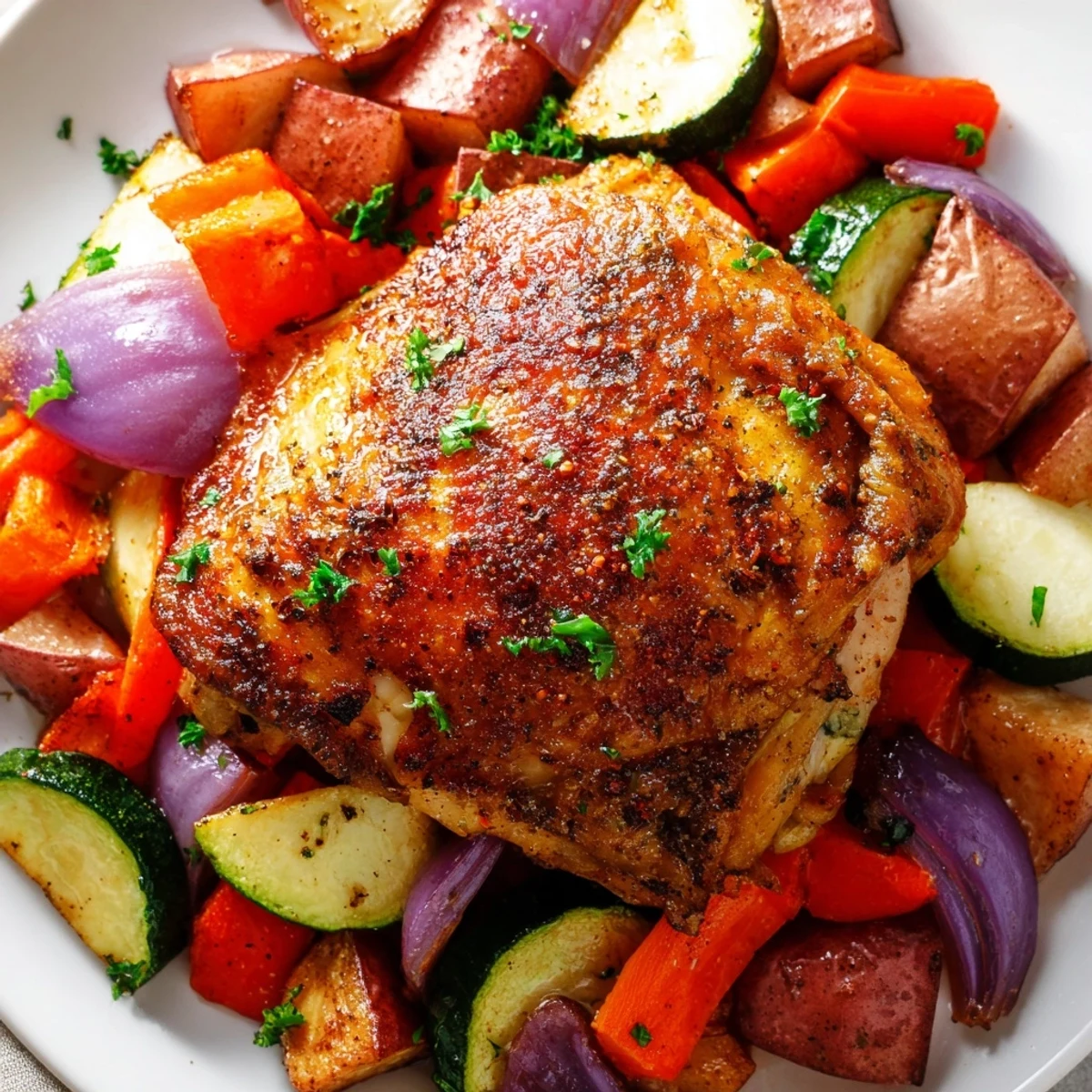 Roasted Meal Pan dinner features tender zucchini and red onion wedges, garnished with fresh parsley and served with lemon wedges.