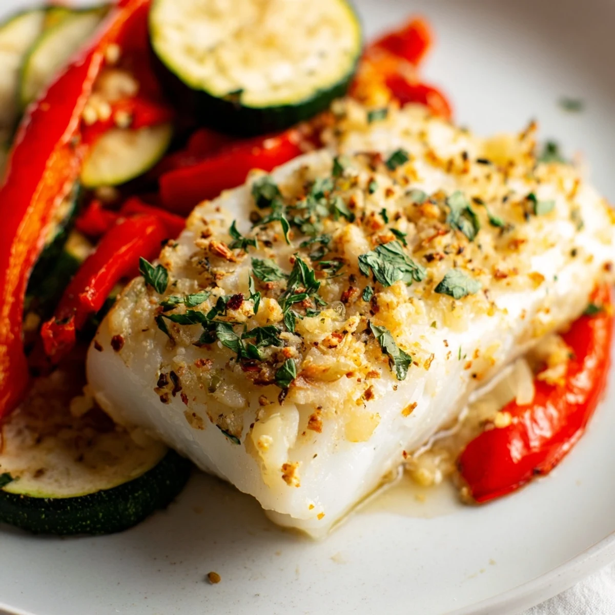 A wholesome baked cod dish plated with tender roasted veggies and fresh parsley, garnished with bright lemon wedges for serving.