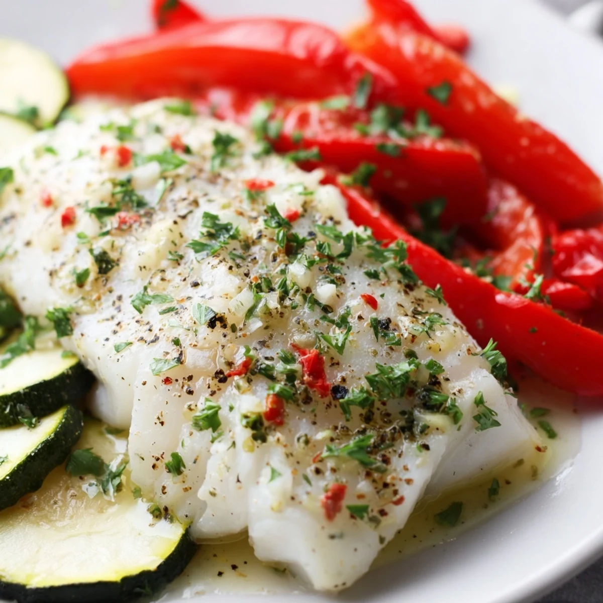 A close-up of flaky cod seasoned with garlic and oregano, paired with vibrant Mediterranean vegetables on a large serving tray.