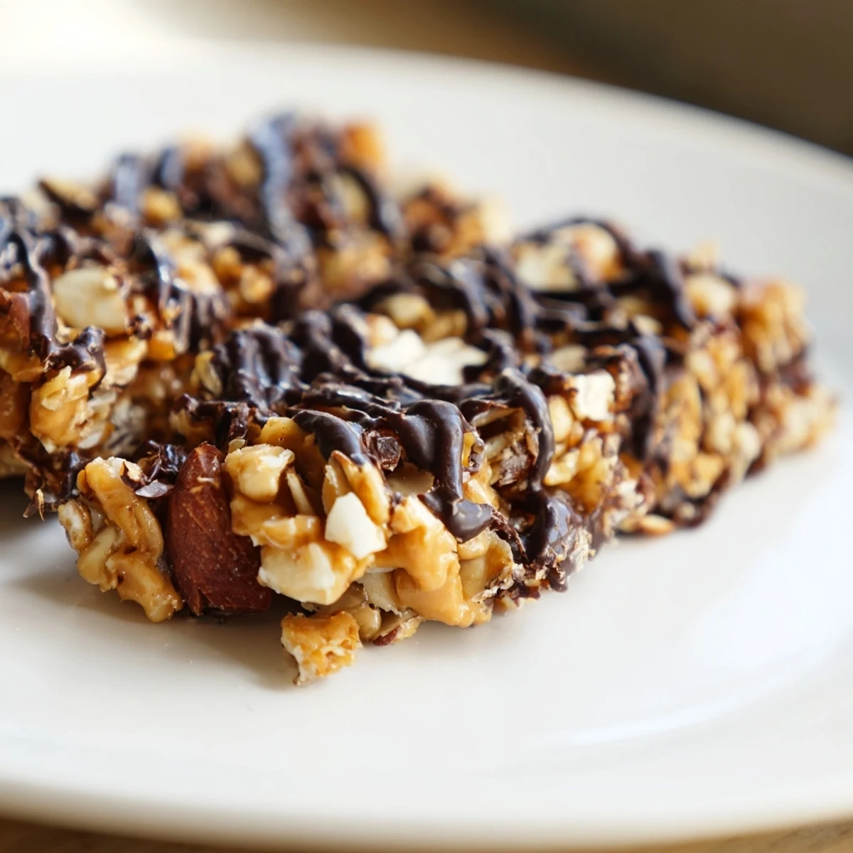 A close-up of homemade Chocolate Snack Bar drizzled with melted dark chocolate, with oats and chopped nuts visible.