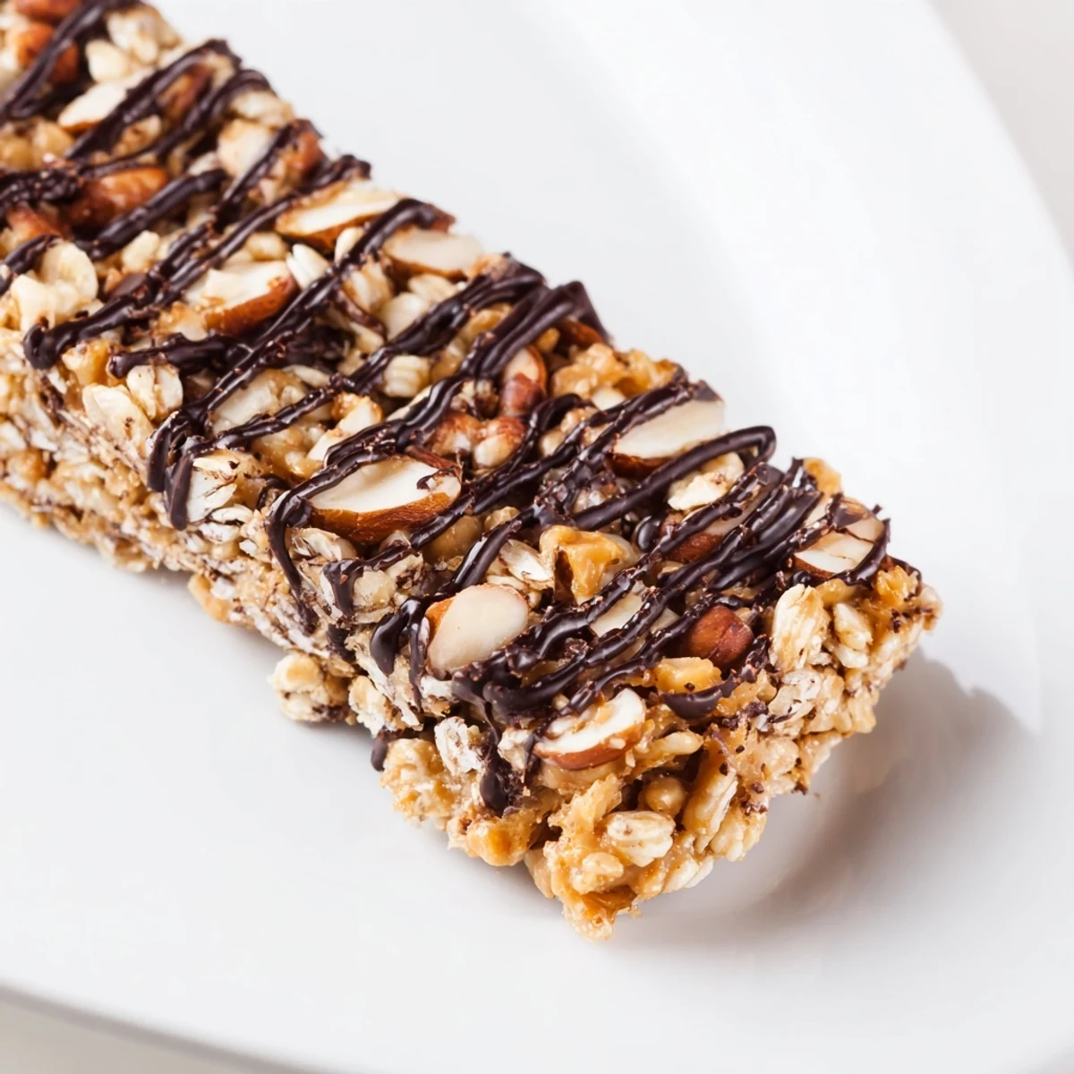 Whole Chocolate Snack Bars stacked on a wooden board, packed with oats and nuts, ready to be served and enjoyed.