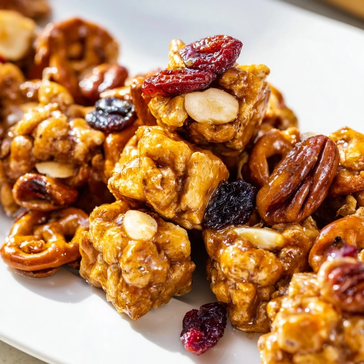 Warm Winter Snack Mix with spiced nuts and dried fruit on a rustic wooden table.