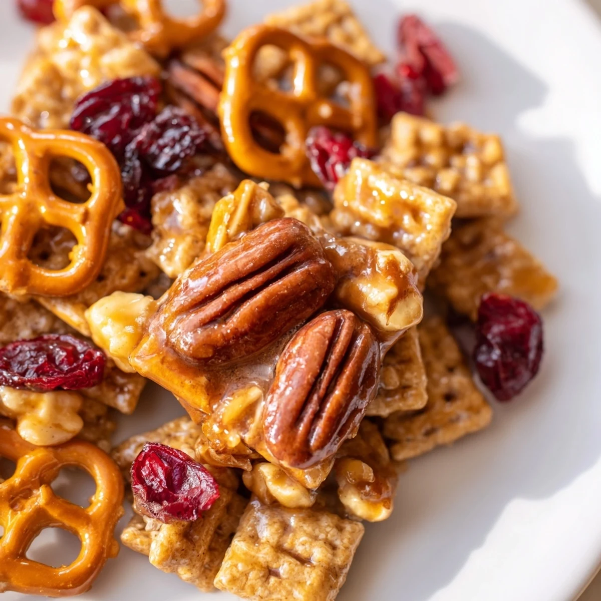 Golden baked Winter Snack Mix in a ceramic bowl with cinnamon-dusted pretzels.