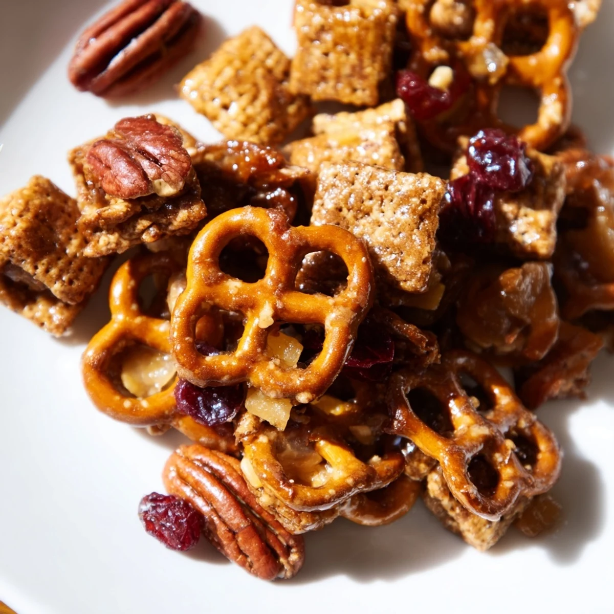 Homemade Winter Snack Mix with crunchy cereal, pecans, and cranberries on a plate.