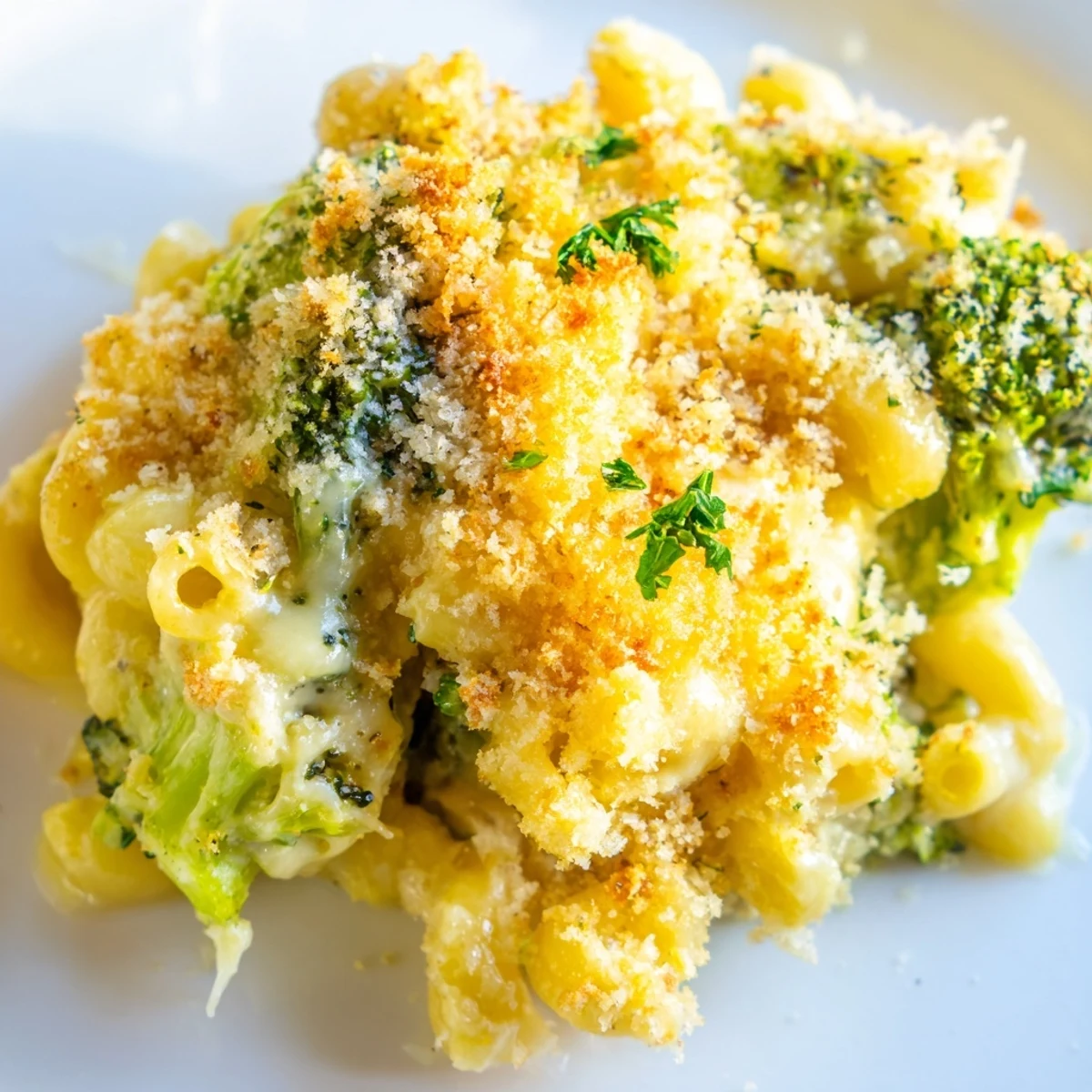 A top-down view of homemade Baked Macaroni and Cheese with Broccoli, featuring golden, bubbling cheese and toasted breadcrumbs.