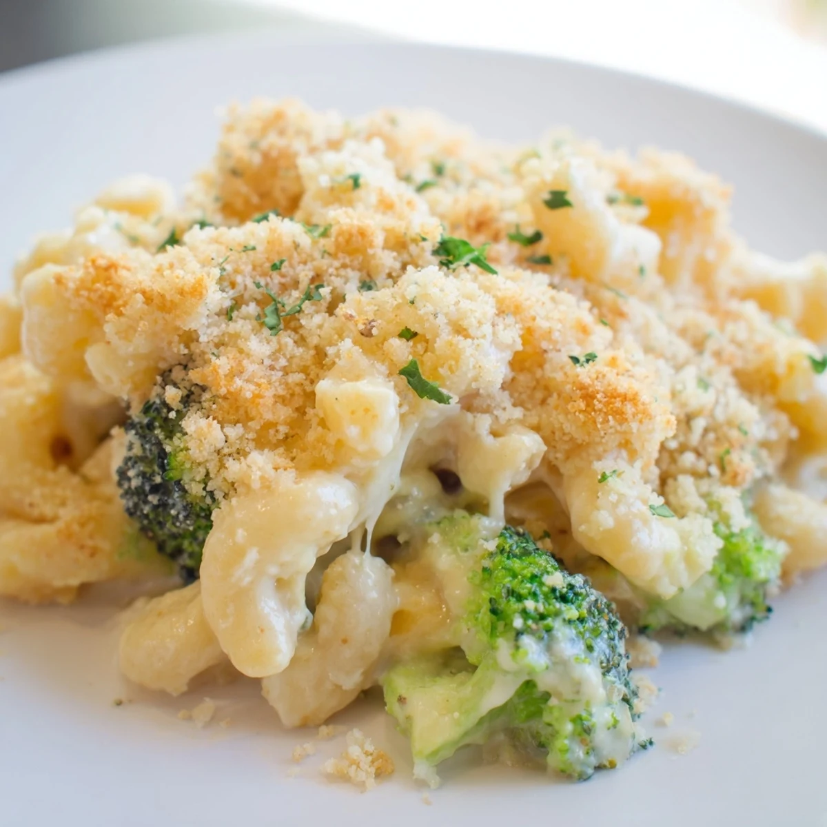Close-up texture shot of Baked Macaroni and Cheese with Broccoli, showcasing melted cheddar, mozzarella, and crisp panko topping.