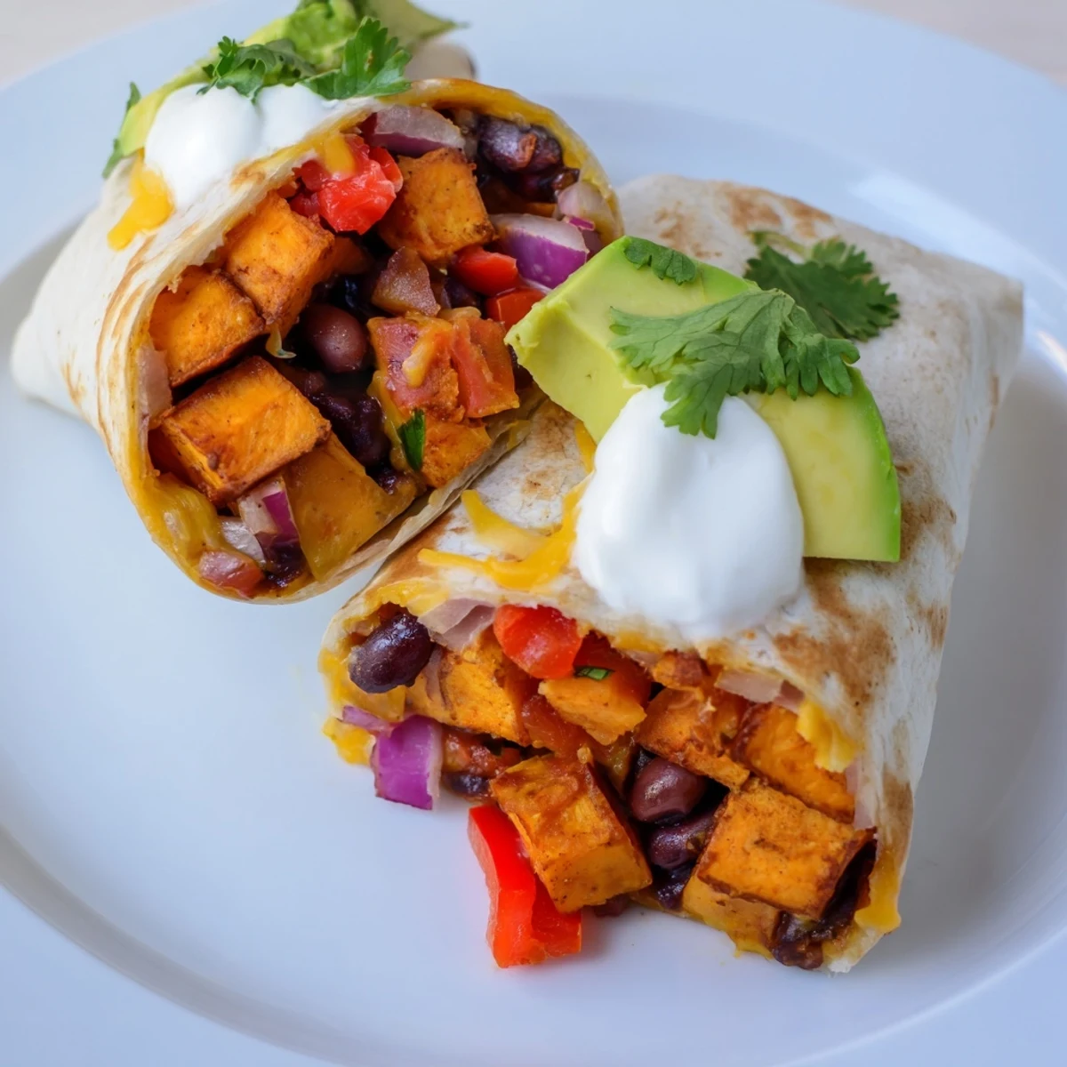 Golden roasted sweet potato and black bean burritos filled with avocado, cilantro, and melty cheese on a rustic wooden table.