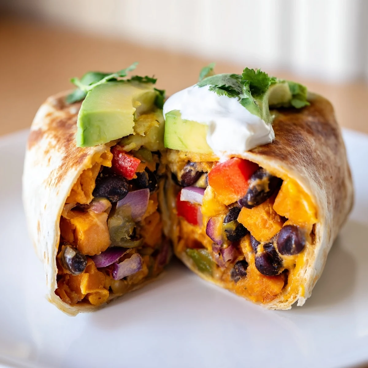 Freshly assembled Roasted Sweet Potato and Black Bean Burritos featuring colorful vegetables and vibrant spices, ready to eat.