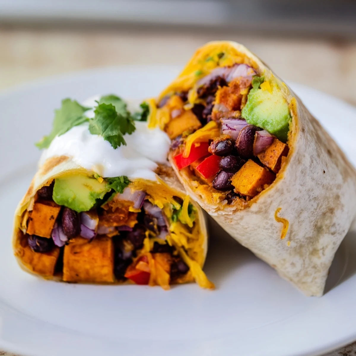 Warm flour tortilla burritos stuffed with spiced roasted sweet potatoes and black beans, served with lime wedges and creamy toppings.