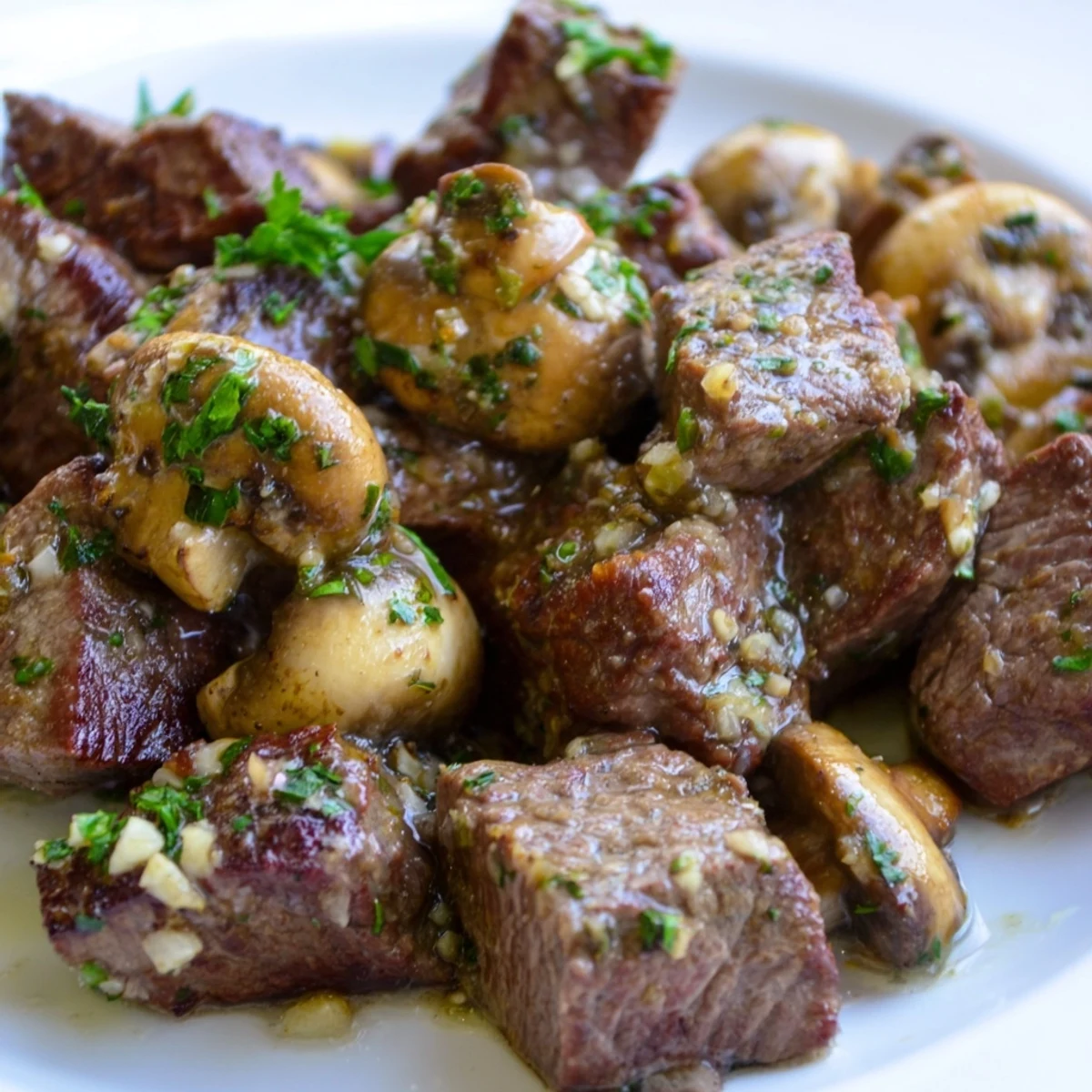 Tender steak bites and sautéed mushrooms coated in garlic butter, served best over creamy mashed potatoes for dinner.