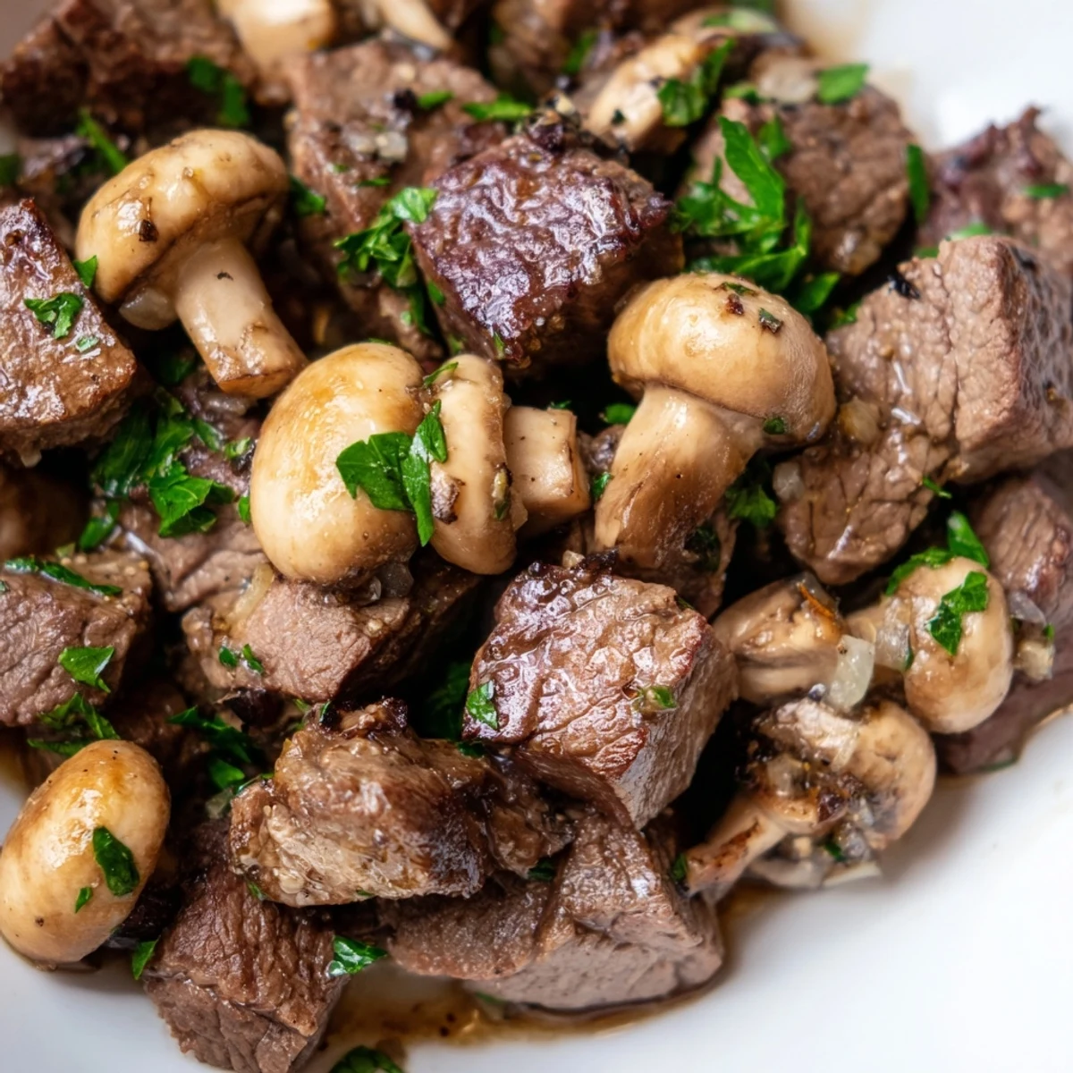 Golden-brown Garlic Butter Steak Bites with Mushrooms sizzling in a skillet with melted butter and fresh parsley garnish.