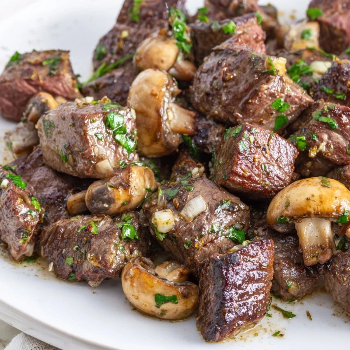 Close-up of juicy Garlic Butter Steak Bites with mushrooms and herbs, highlighting a savory weeknight meal for families.