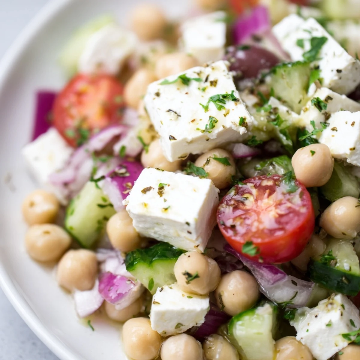 Freshly made Mediterranean Chickpea Salad with Feta in a white bowl, showcasing crisp cucumbers, red cherry tomatoes, and green parsley for a colorful, healthy lunch.
