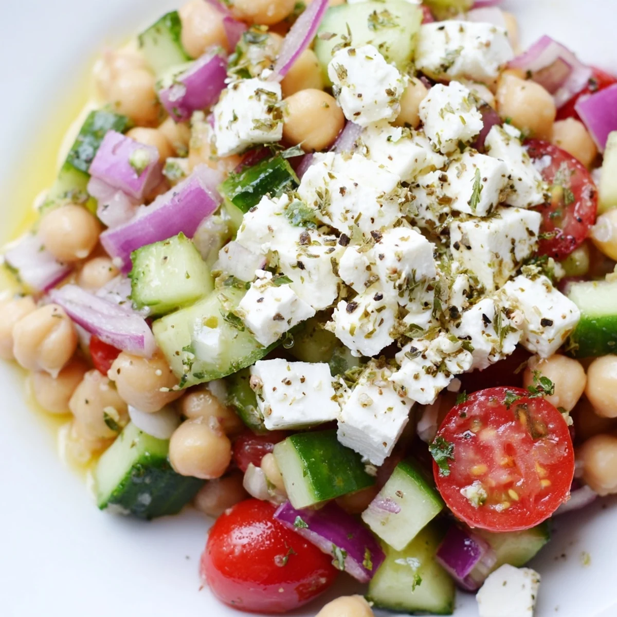 Crumbled feta cheese and black Kalamata olives top a vibrant Mediterranean Chickpea Salad with Feta, tossed in a zesty lemon-oregano dressing.