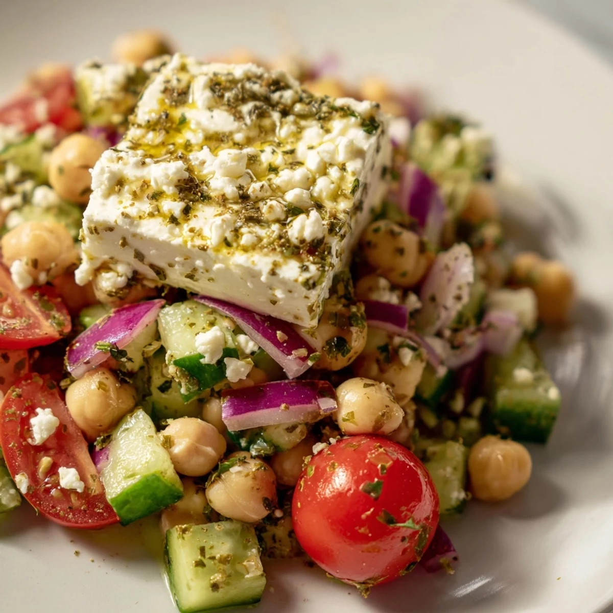 A close-up of a Mediterranean Chickpea Salad with Feta featuring diced red onion and bell pepper, served as a refreshing side dish with a fork.