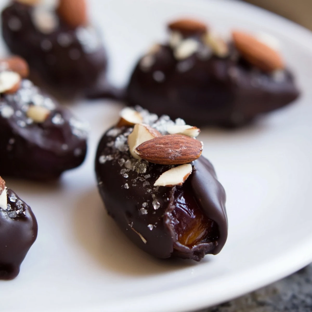 Chewy Medjool dates stuffed with creamy almond butter, half-dipped in dark chocolate and sprinkled with chopped nuts.