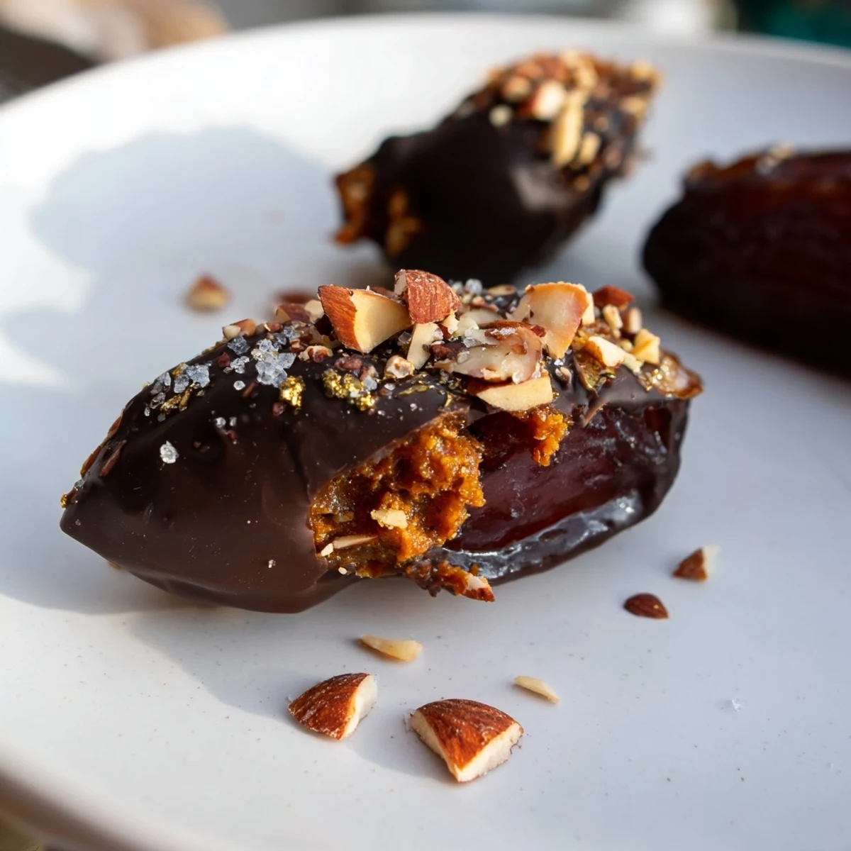 Dark chocolate-dipped Chocolate Covered Dates Stuffed with Almond Butter, finished with flaky sea salt on a chilled tray.