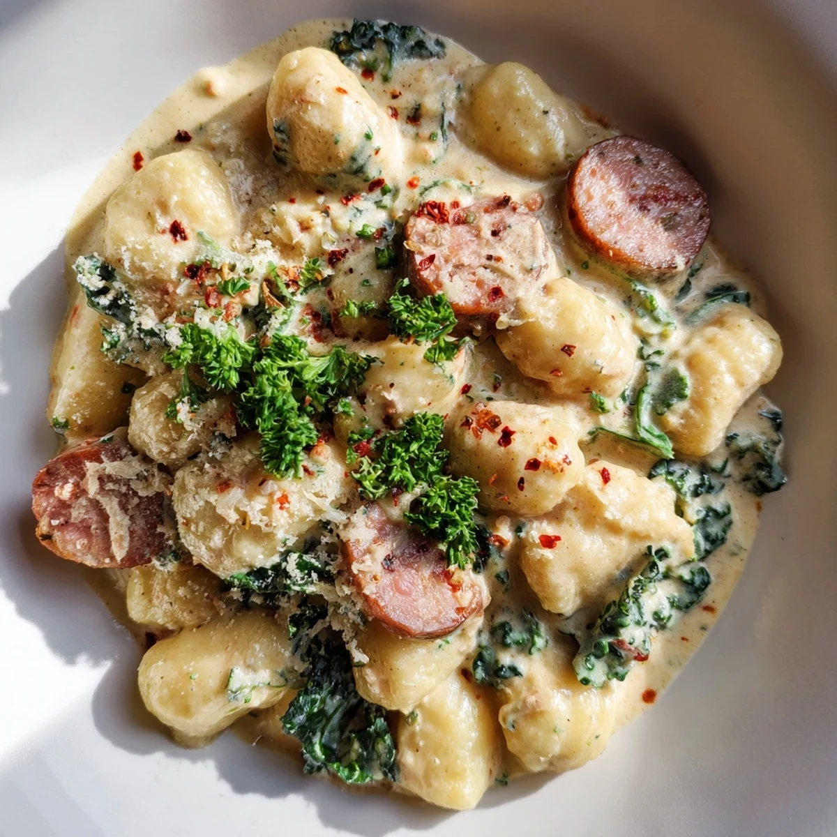 Creamy Gnocchi with Sausage and Kale in a skillet topped with fresh parsley.
