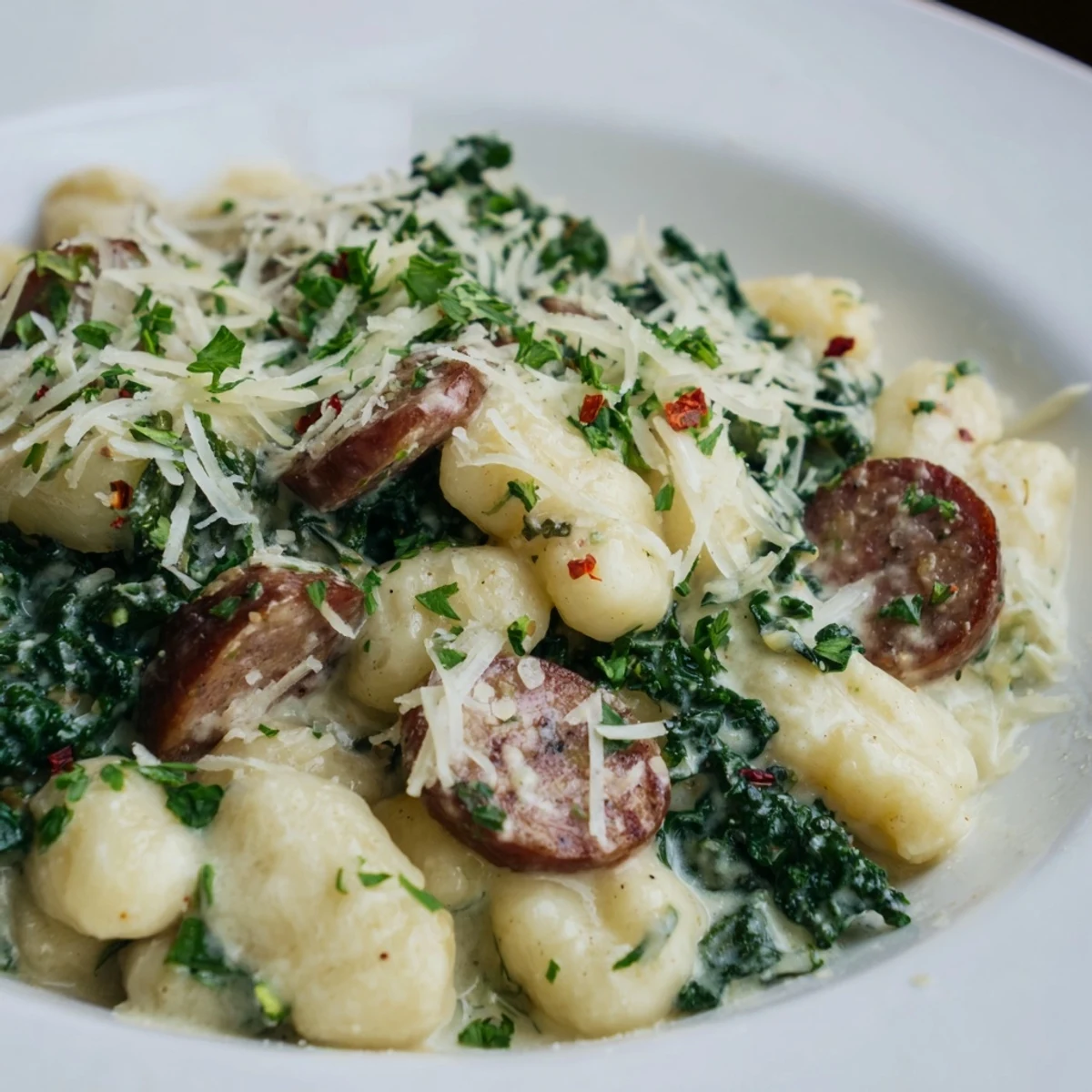 A steaming plate of Creamy Gnocchi with Sausage and Kale served with crusty bread.