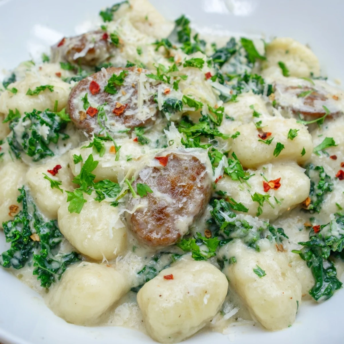 Creamy Gnocchi with Sausage and Kale featuring vibrant greens and golden brown sausage slices.