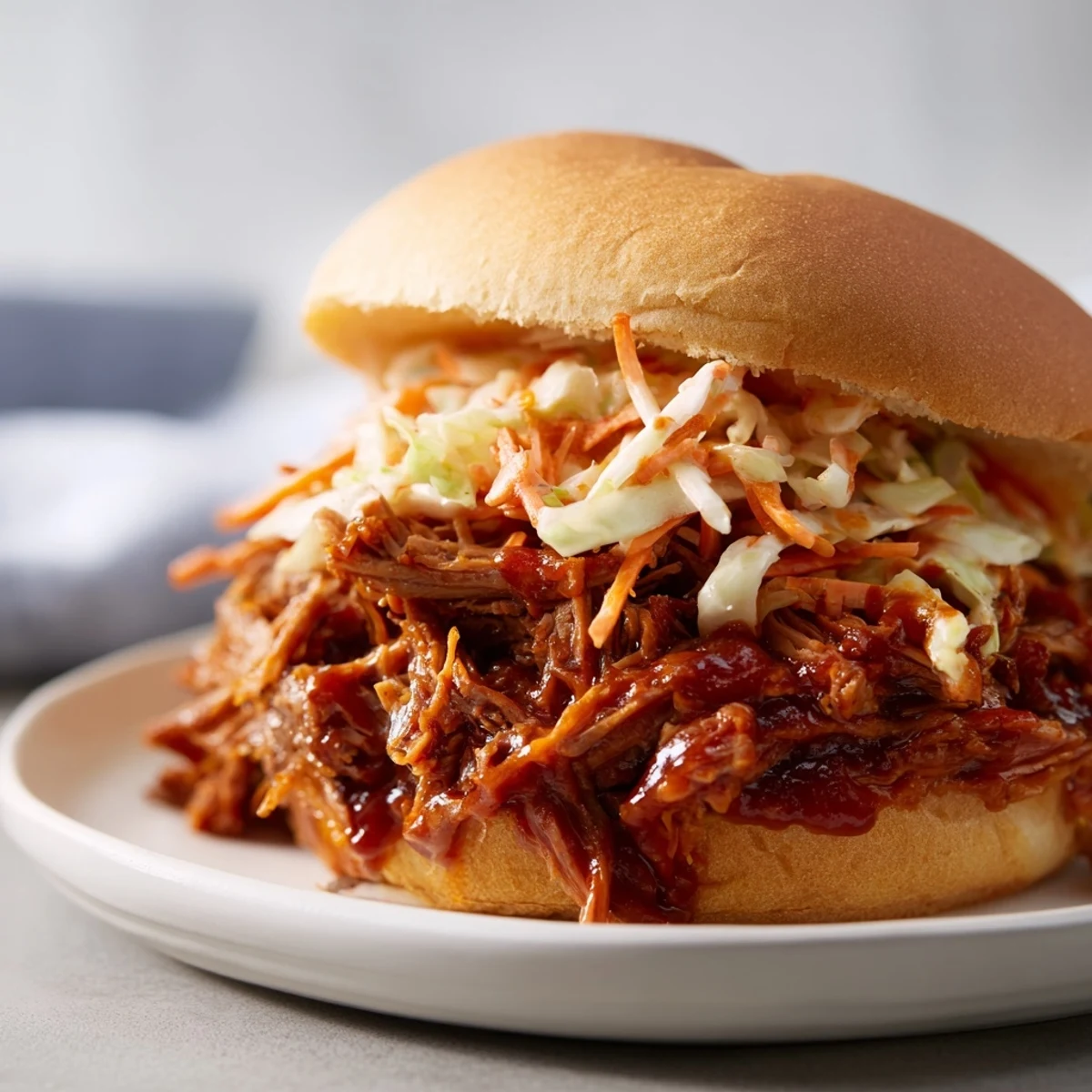 A close-up of Slow Cooker Pulled Beef Sandwiches revealing juicy shredded meat and fresh coleslaw topping, perfect for a game day meal.