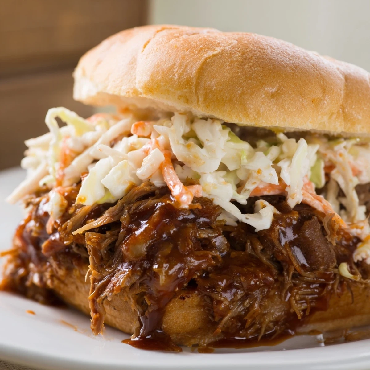 Tender Slow Cooker Pulled Beef Sandwiches stacked on toasted buns with tangy slaw, served on a rustic wooden table.