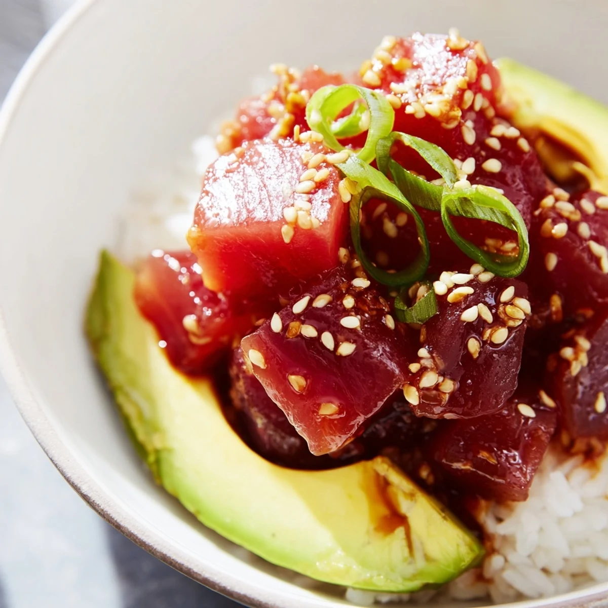 Overhead shot of a fresh Spicy Tuna Poke Bowl with avocado, cucumber, edamame, and sesame seeds.
