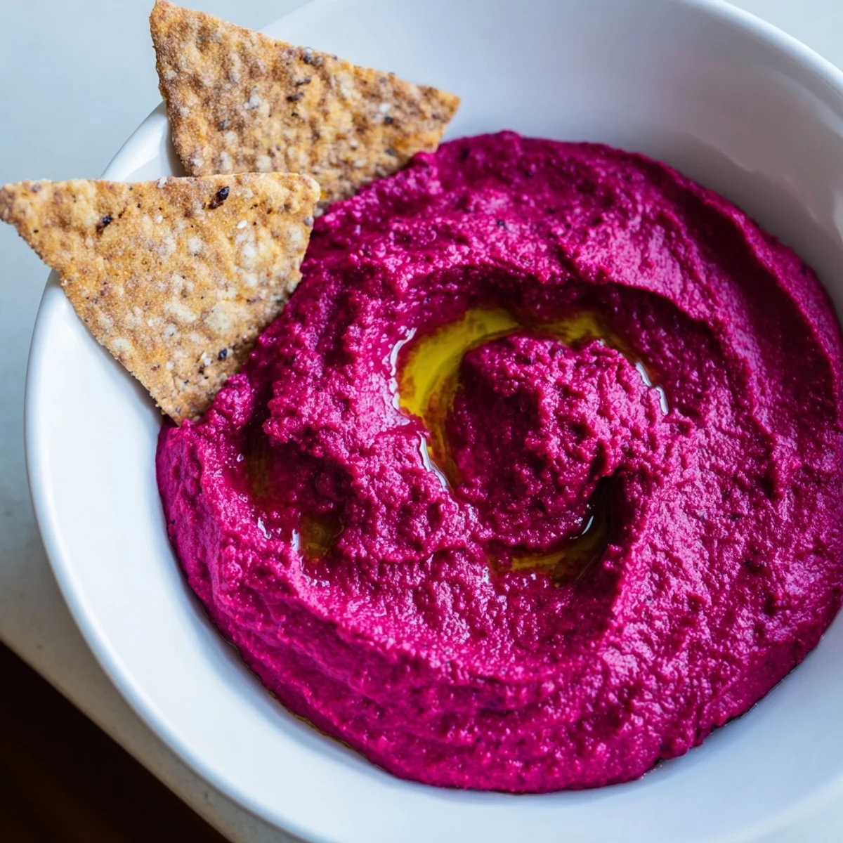 Creamy pink roasted beet hummus with golden crisp pita chips on a rustic table.