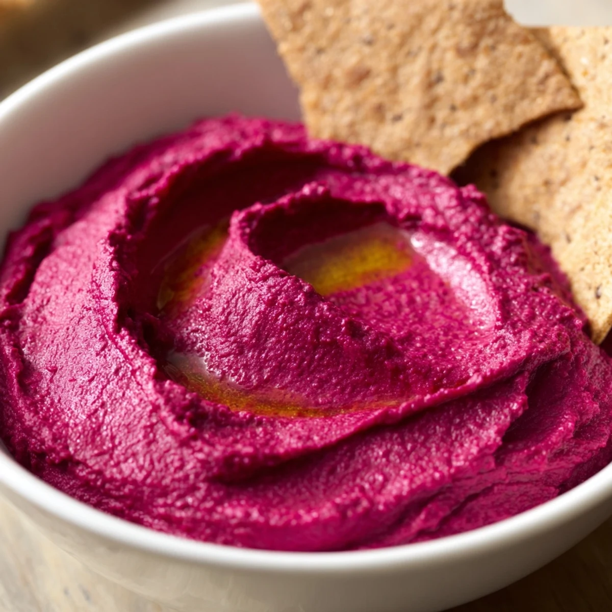 Baked whole wheat pita triangles garnished with paprika served next to vibrant beet hummus.